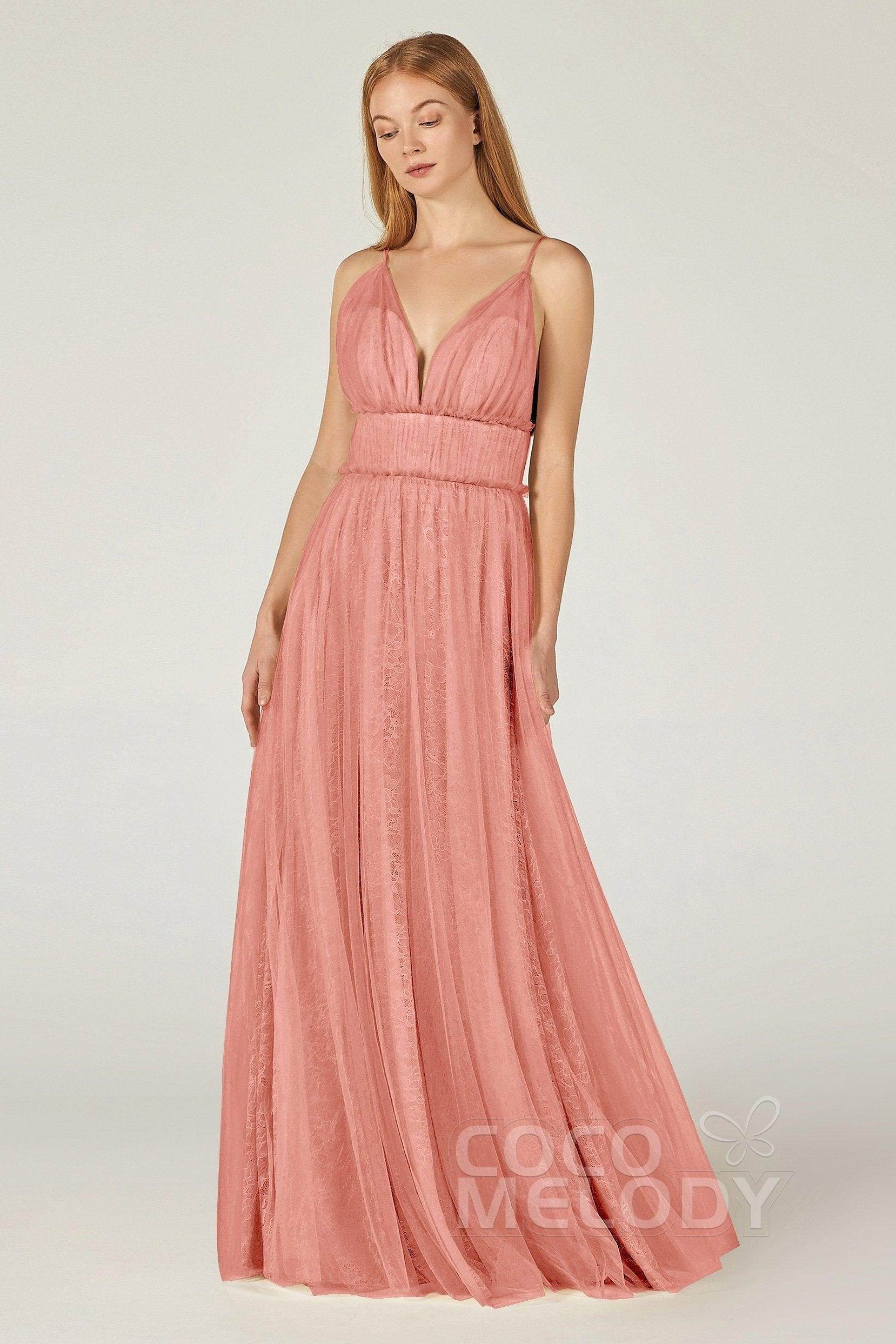 A-Line Floor Length Tulle Lace Bridesmaid Dress CB0374 - COCOMELODY