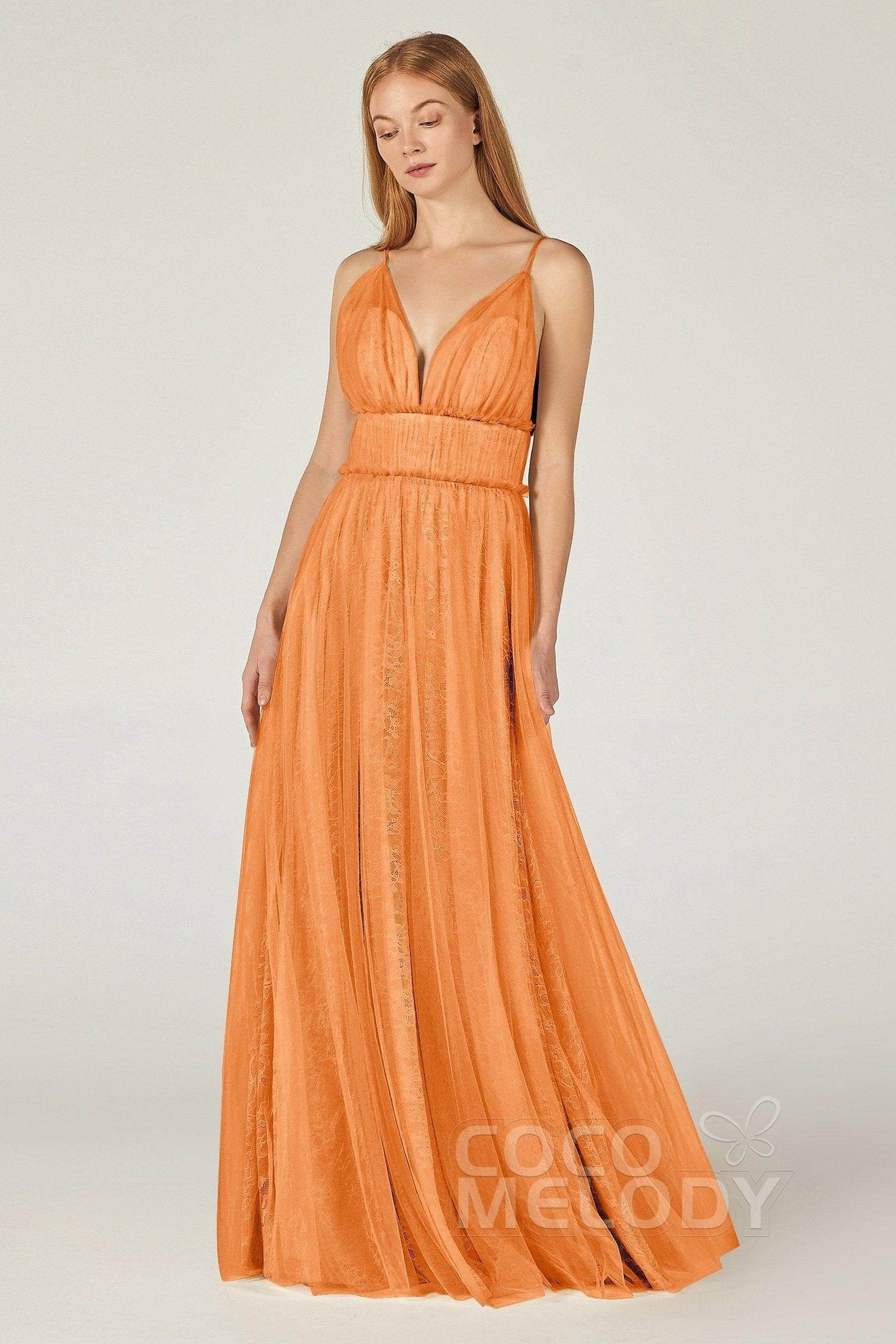 A-Line Floor Length Tulle Lace Bridesmaid Dress CB0374 - COCOMELODY