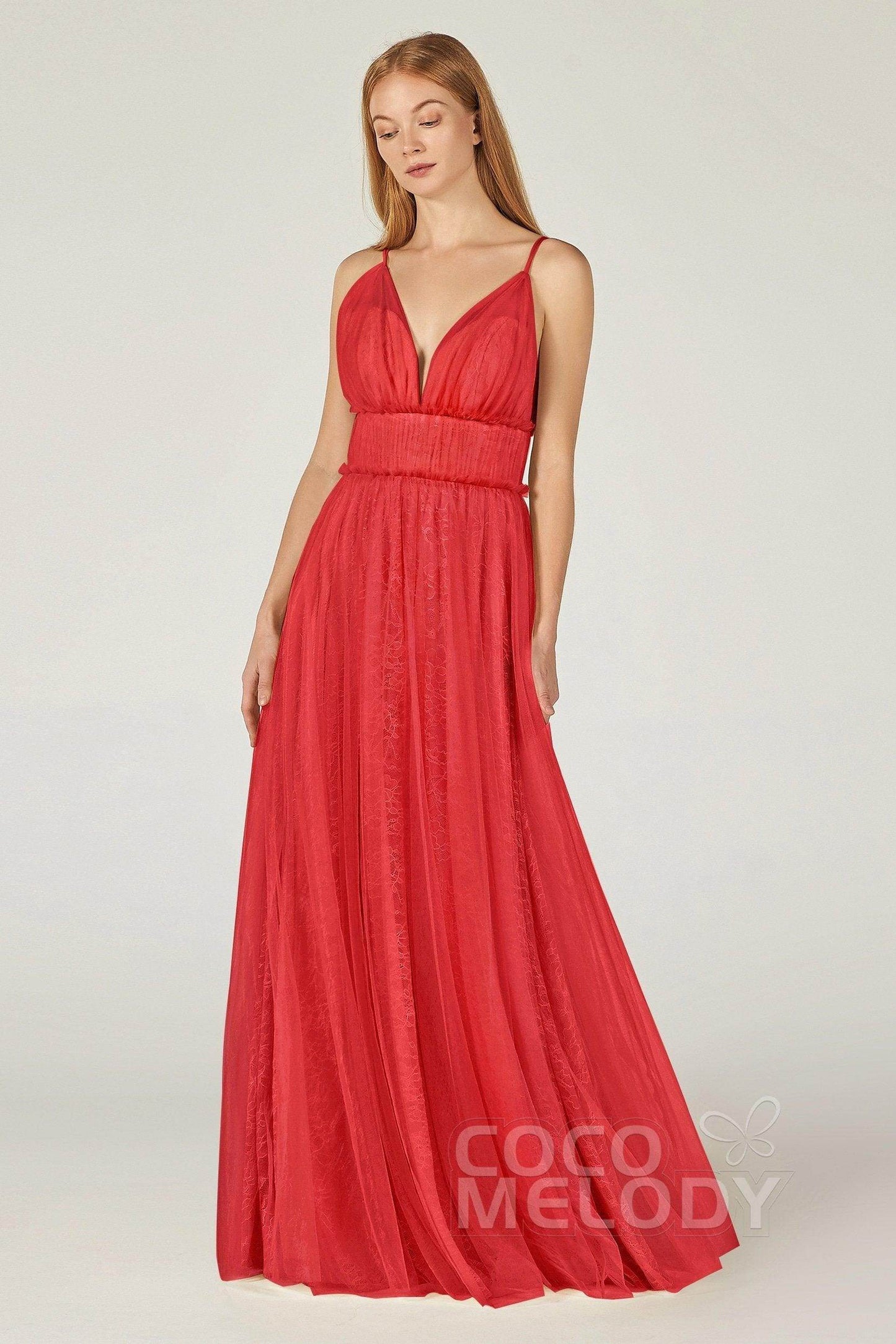 A-Line Floor Length Tulle Lace Bridesmaid Dress CB0374 - COCOMELODY