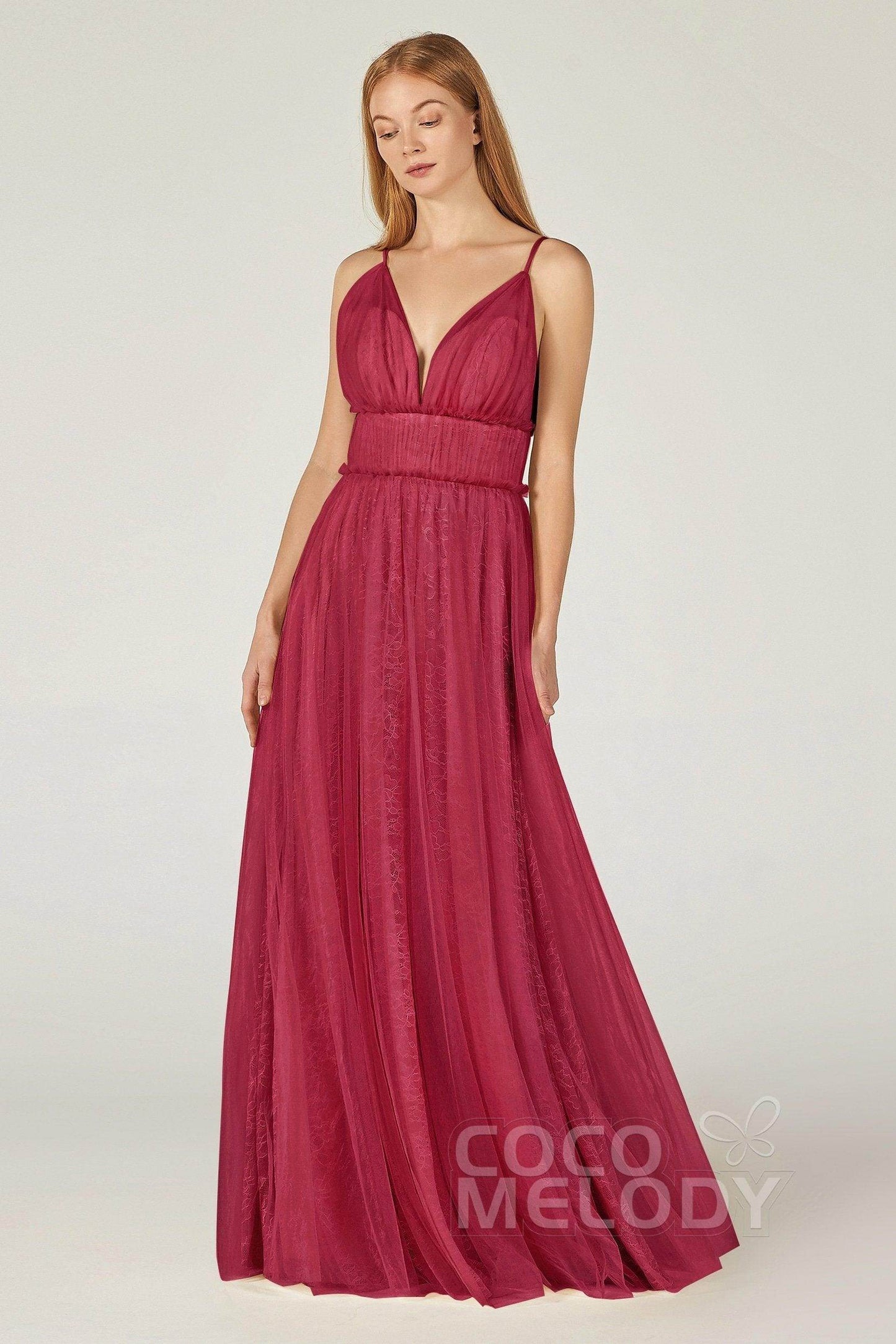 A-Line Floor Length Tulle Lace Bridesmaid Dress CB0374 - COCOMELODY