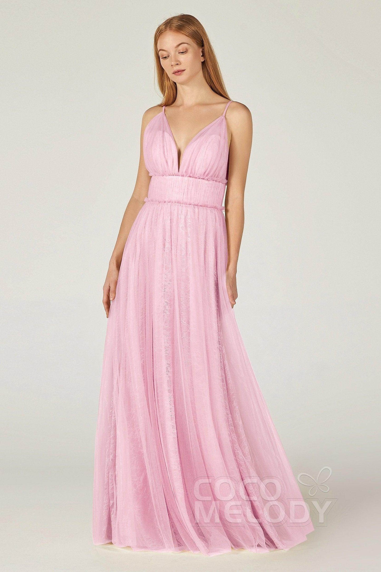 A-Line Floor Length Tulle Lace Bridesmaid Dress CB0374 - COCOMELODY
