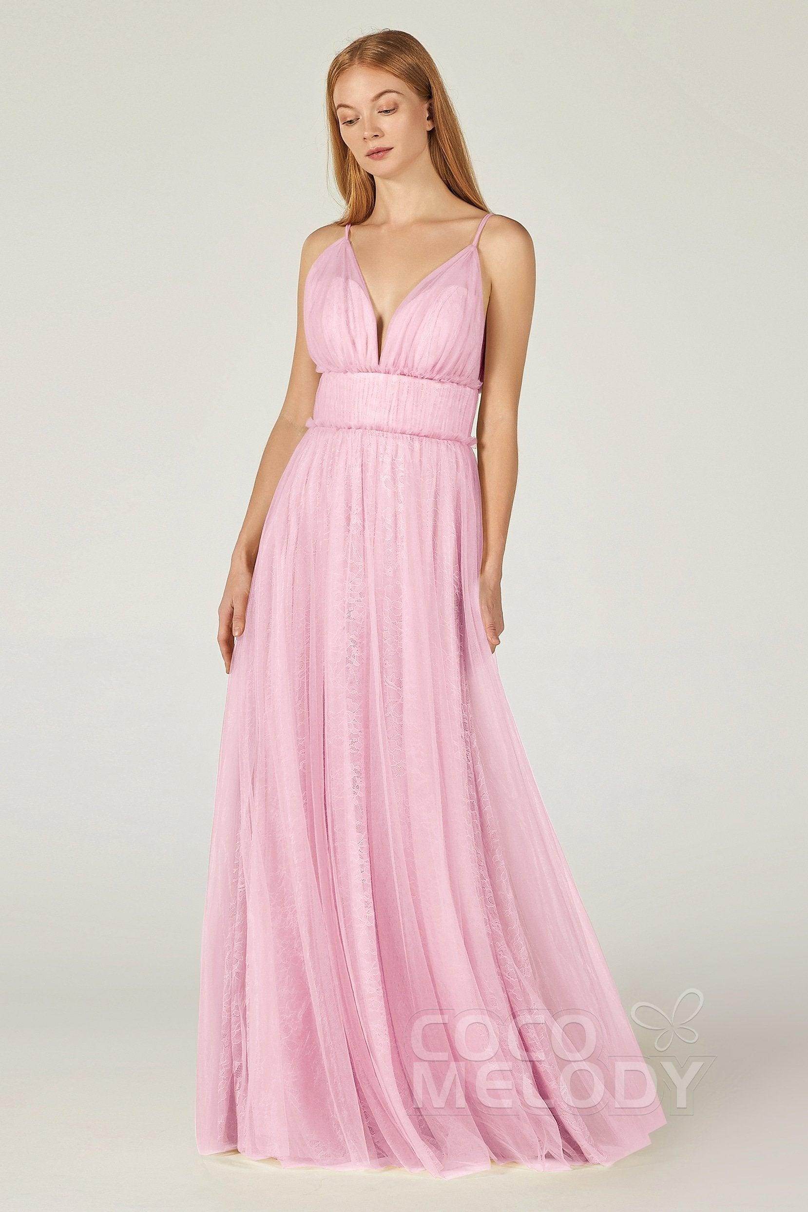 A-Line Floor Length Tulle Lace Bridesmaid Dress CB0374 - COCOMELODY