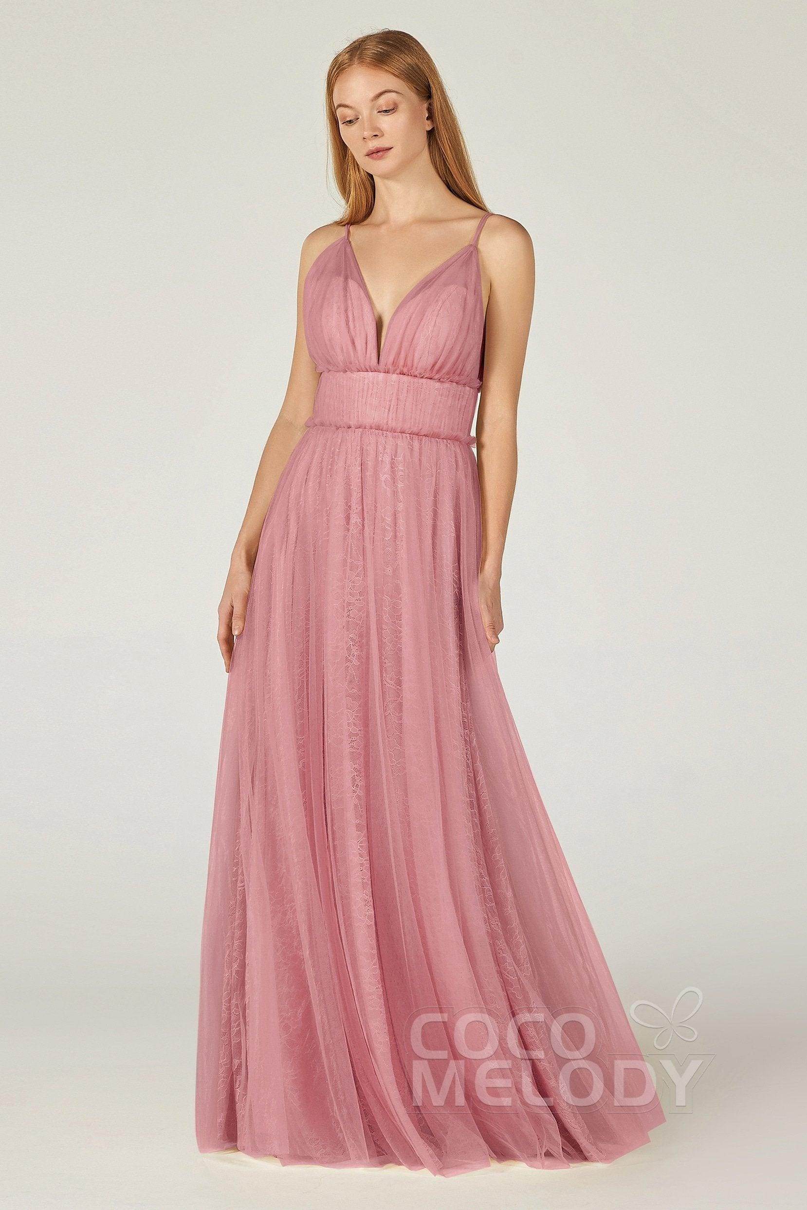 A-Line Floor Length Tulle Lace Bridesmaid Dress CB0374 - COCOMELODY