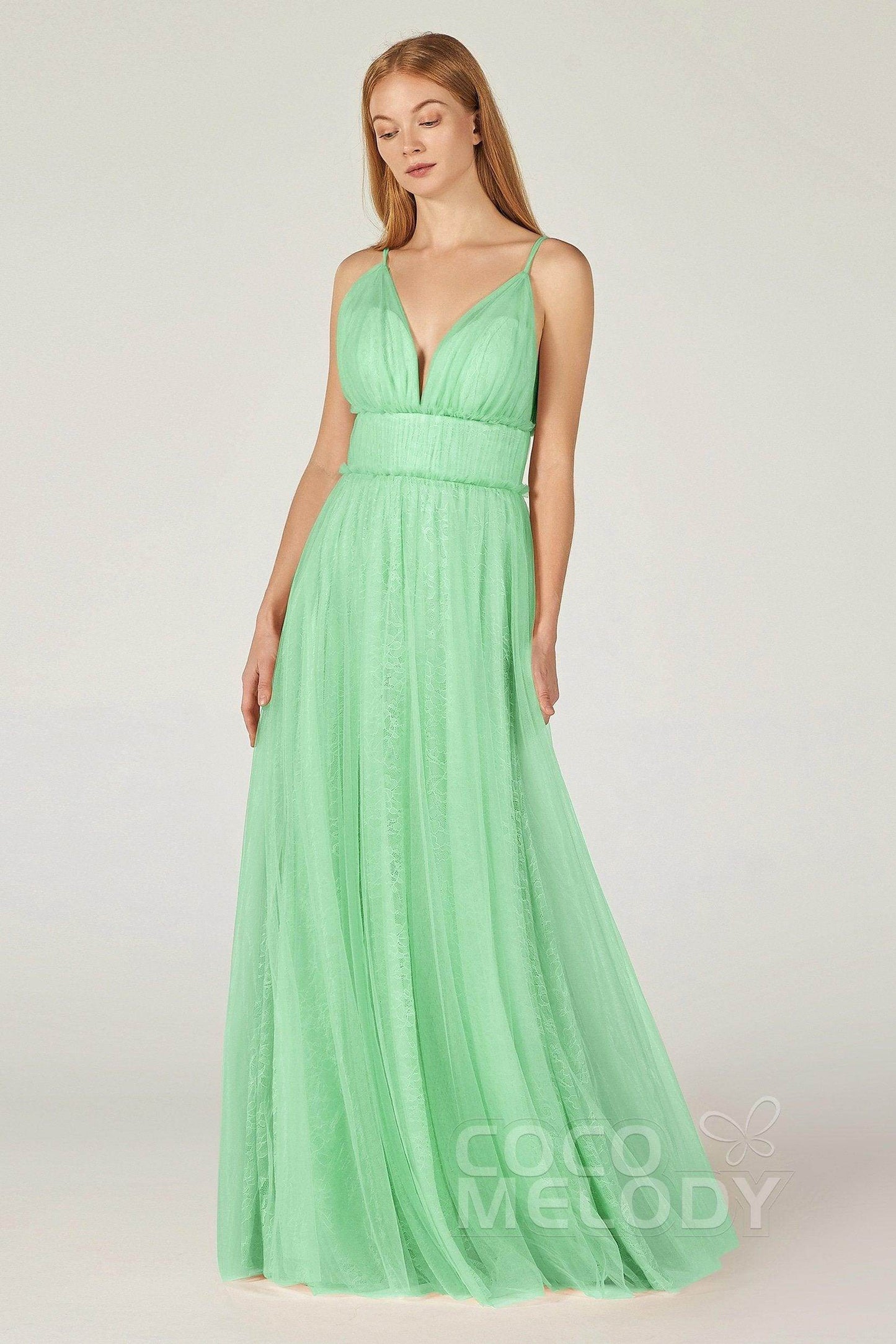 A-Line Floor Length Tulle Lace Bridesmaid Dress CB0374 - COCOMELODY