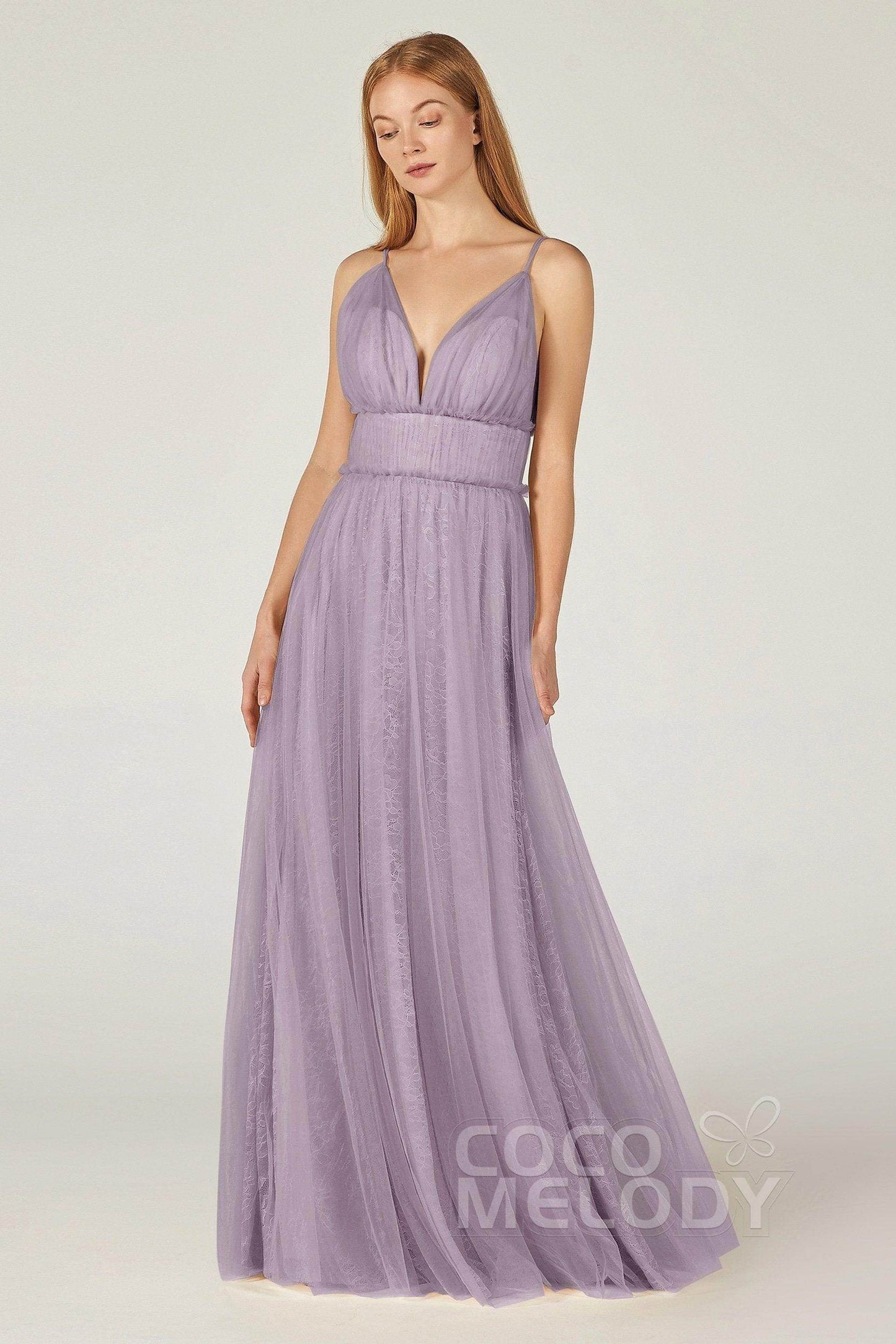 A-Line Floor Length Tulle Lace Bridesmaid Dress CB0374 - COCOMELODY