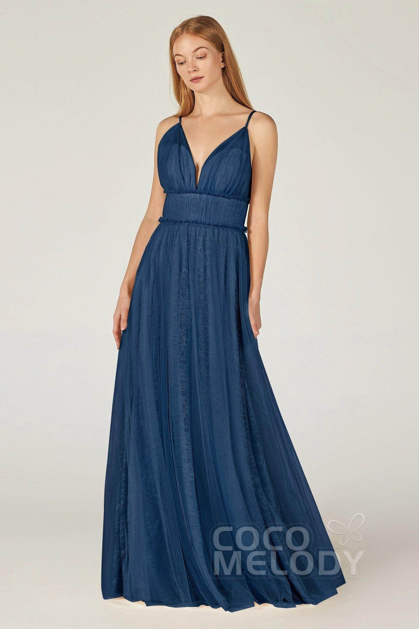 A-Line Floor Length Tulle Lace Bridesmaid Dress CB0374 - COCOMELODY