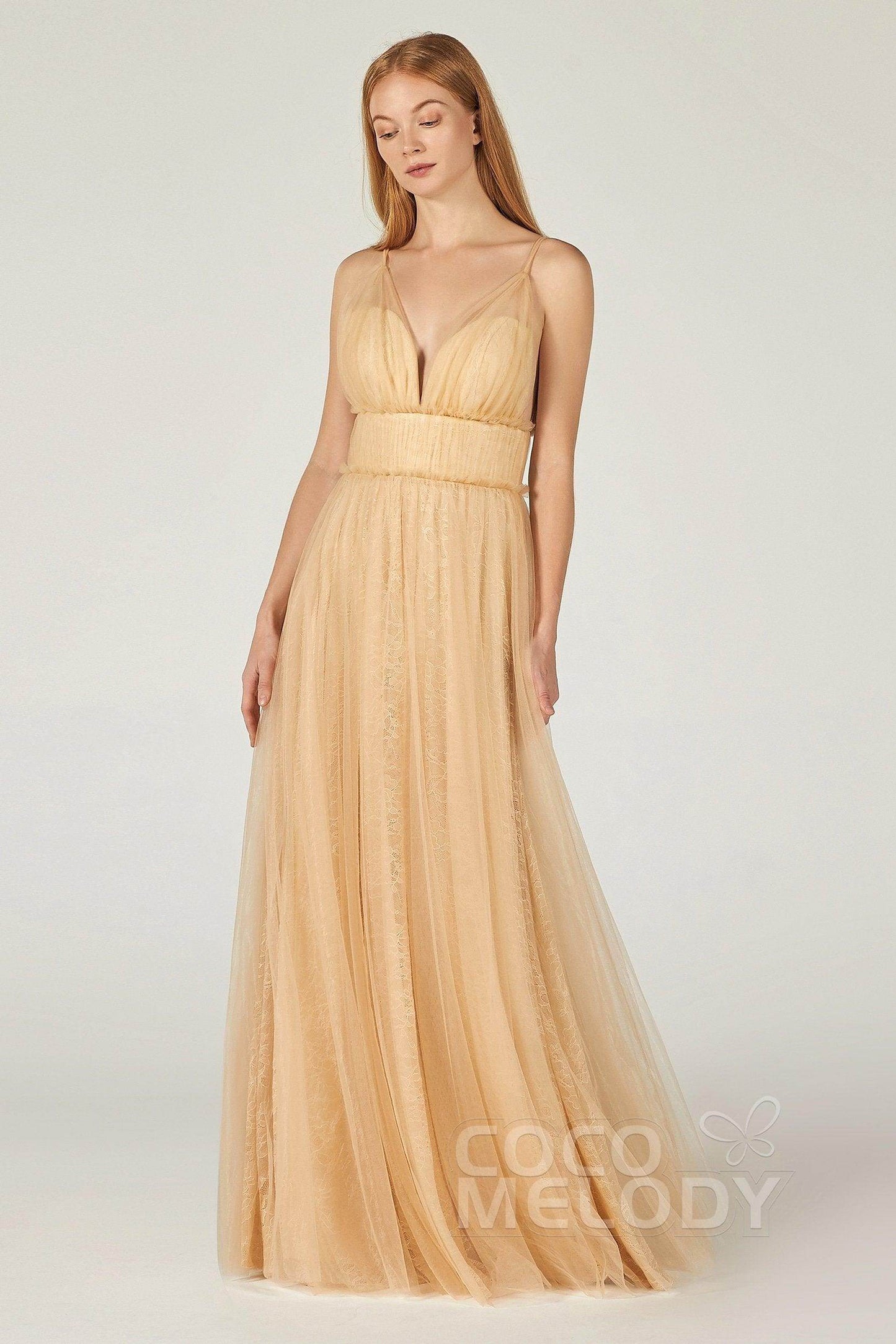 A-Line Floor Length Tulle Lace Bridesmaid Dress CB0374 - COCOMELODY