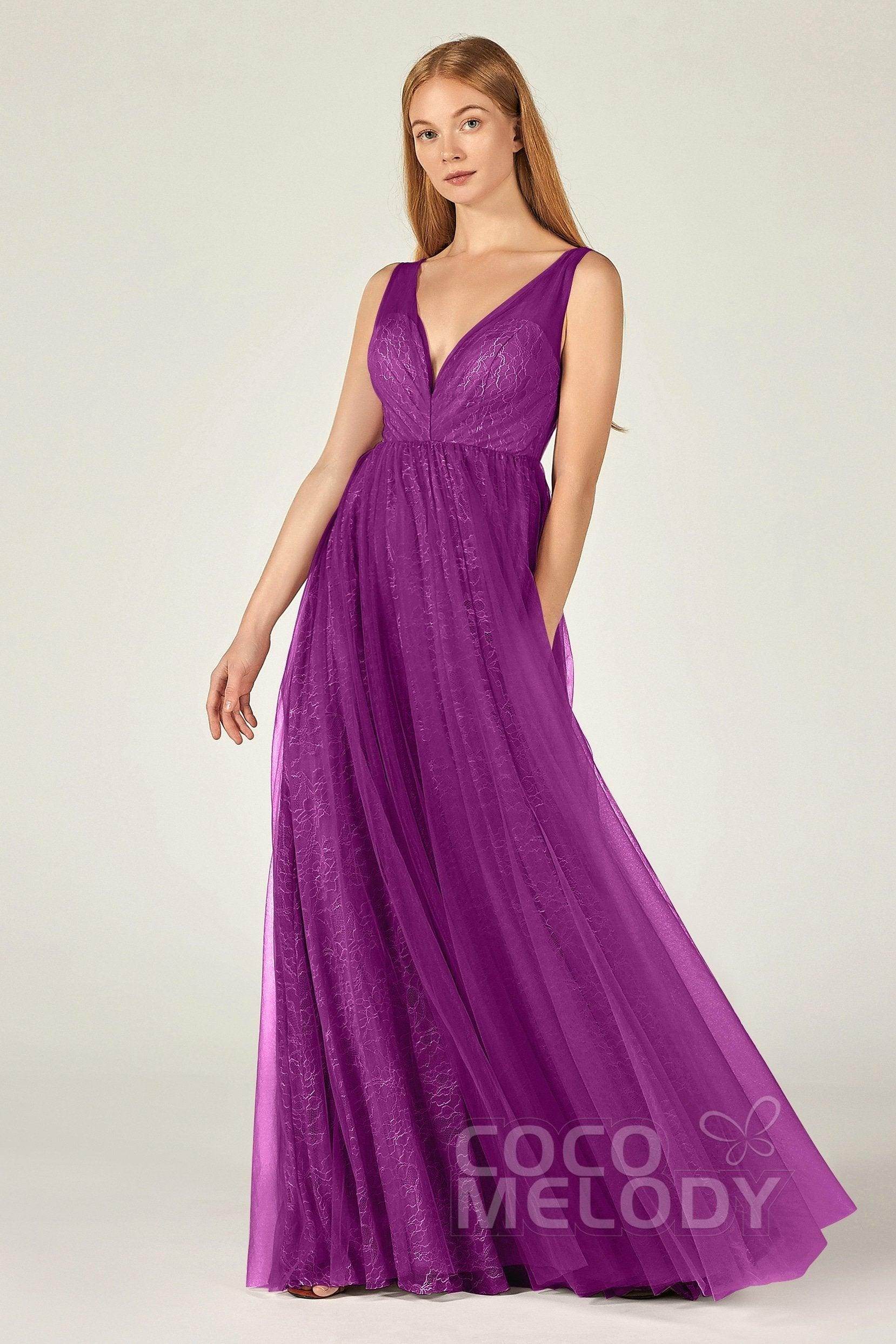 A-Line Floor Length Tulle Lace Bridesmaid Dress CB0375 - COCOMELODY
