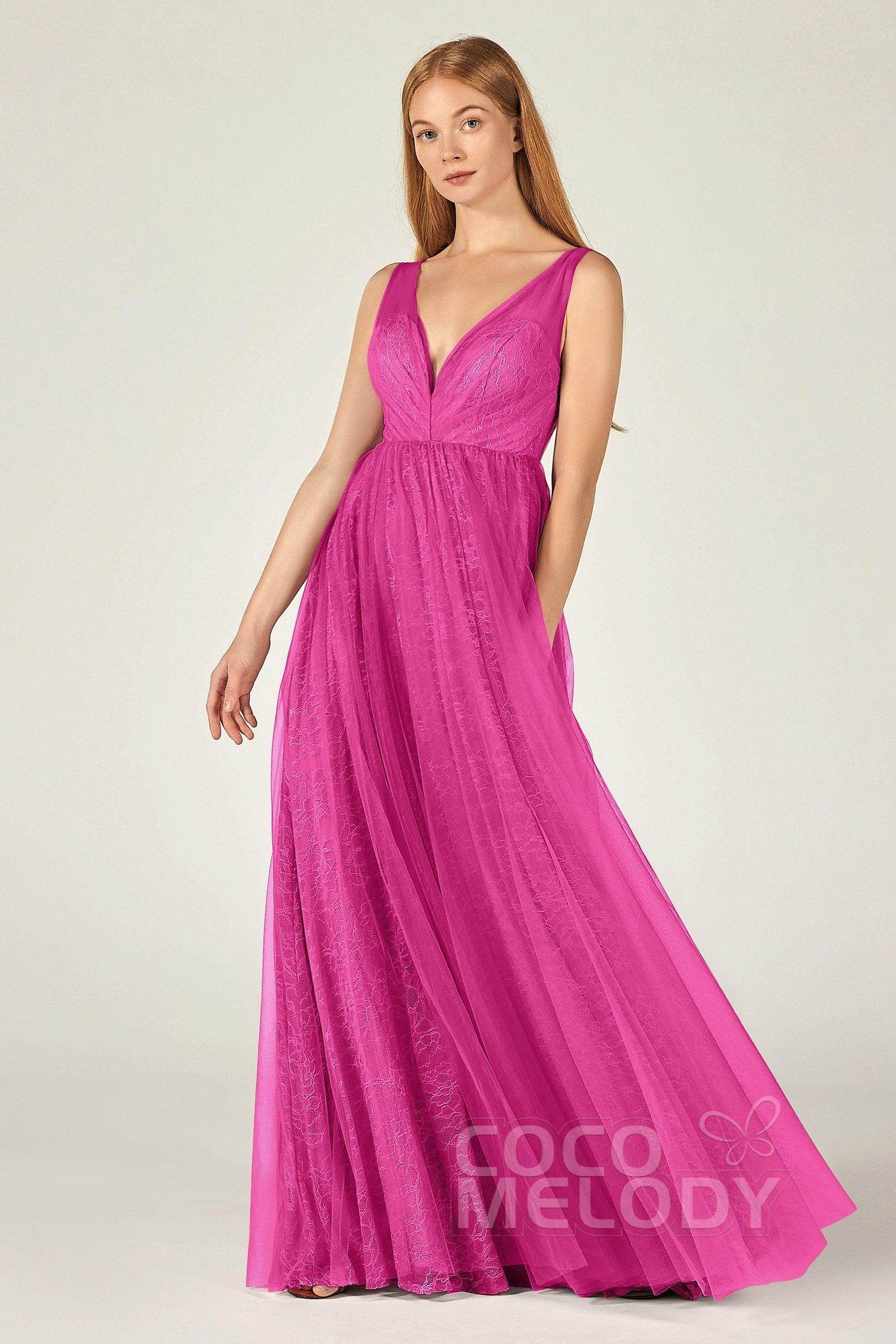 A-Line Floor Length Tulle Lace Bridesmaid Dress CB0375 - COCOMELODY