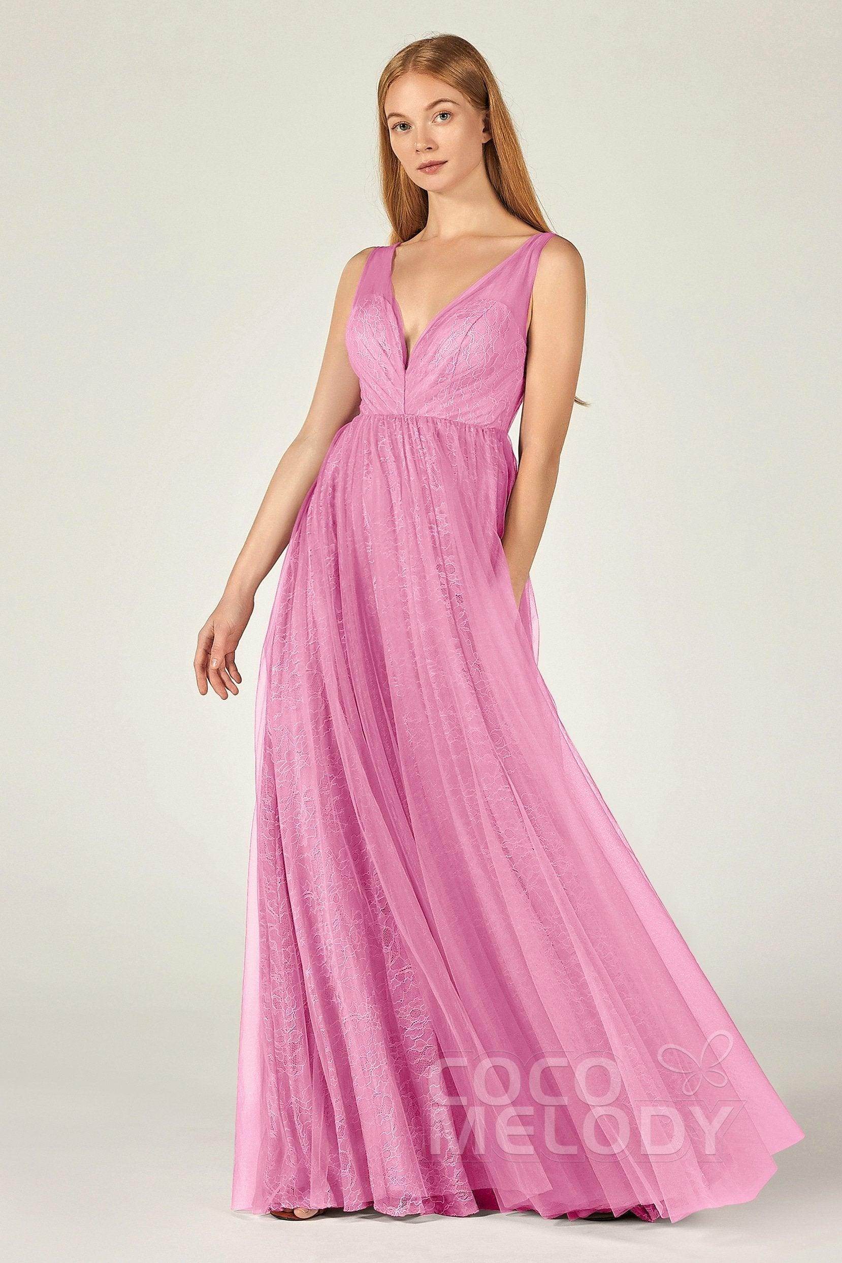 A-Line Floor Length Tulle Lace Bridesmaid Dress CB0375 - COCOMELODY