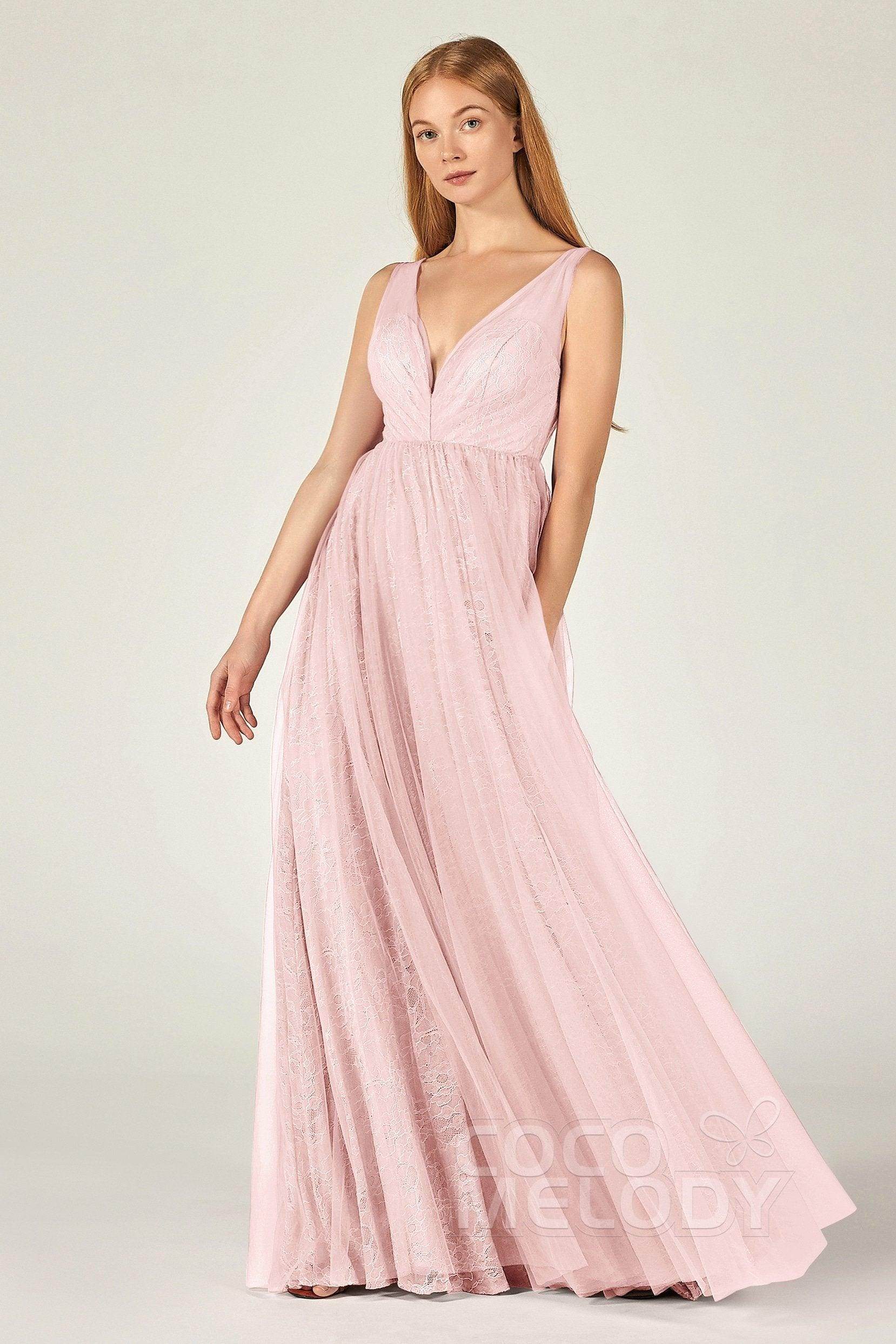 A-Line Floor Length Tulle Lace Bridesmaid Dress CB0375 - COCOMELODY