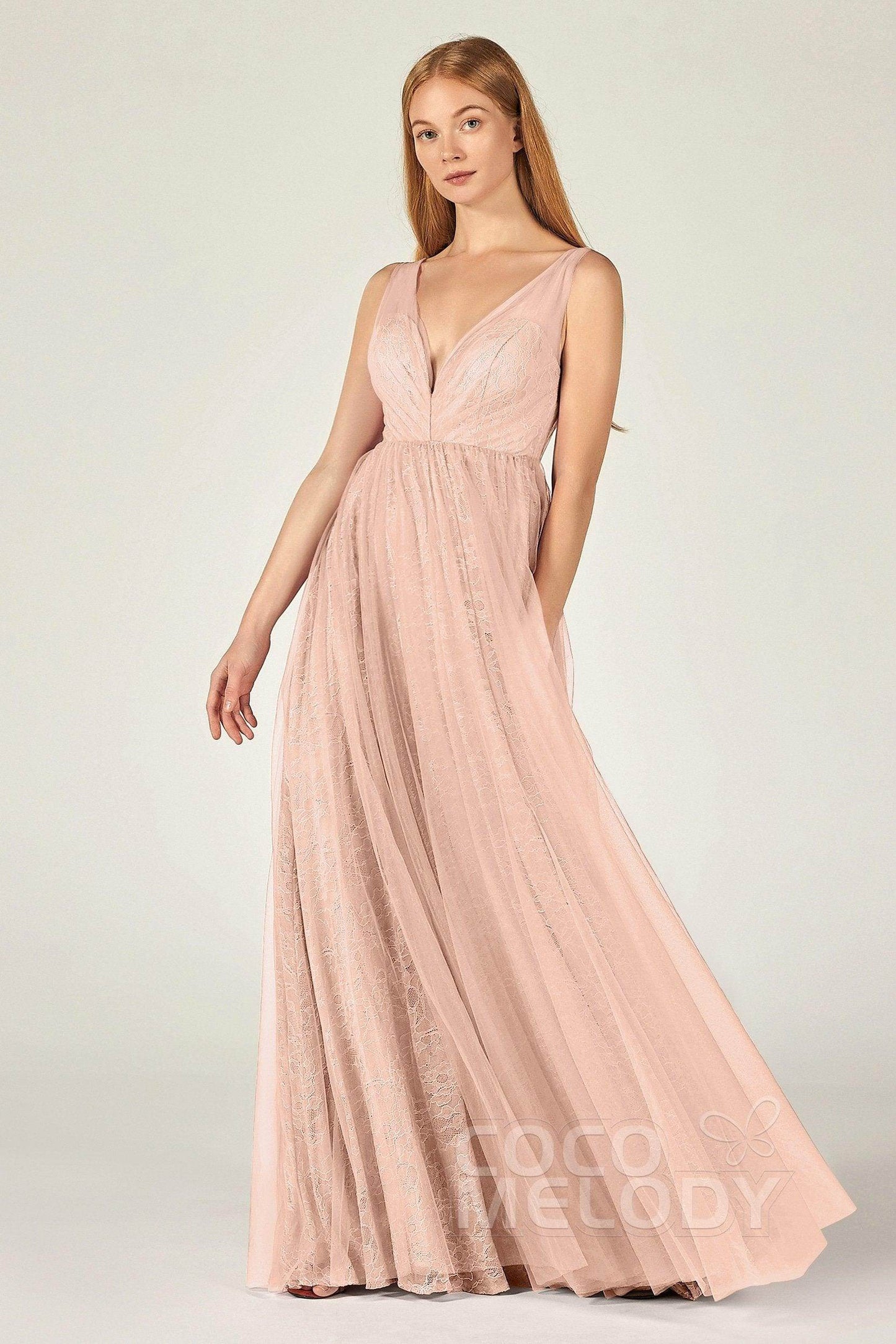 A-Line Floor Length Tulle Lace Bridesmaid Dress CB0375 - COCOMELODY