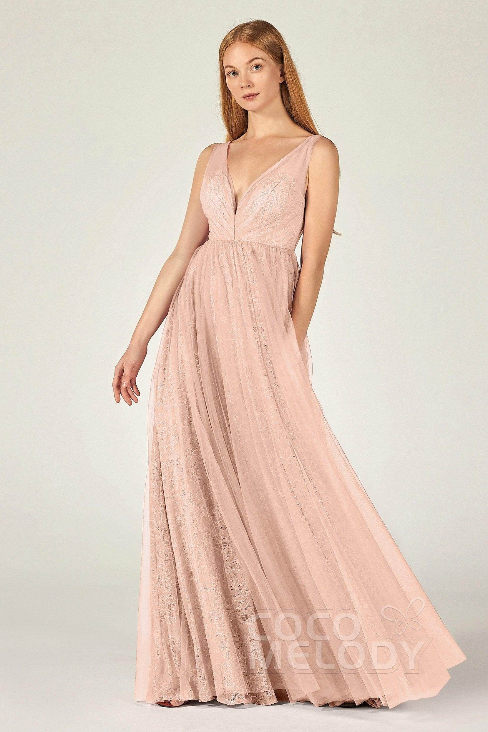 A-Line Floor Length Tulle Lace Bridesmaid Dress CB0375 - COCOMELODY