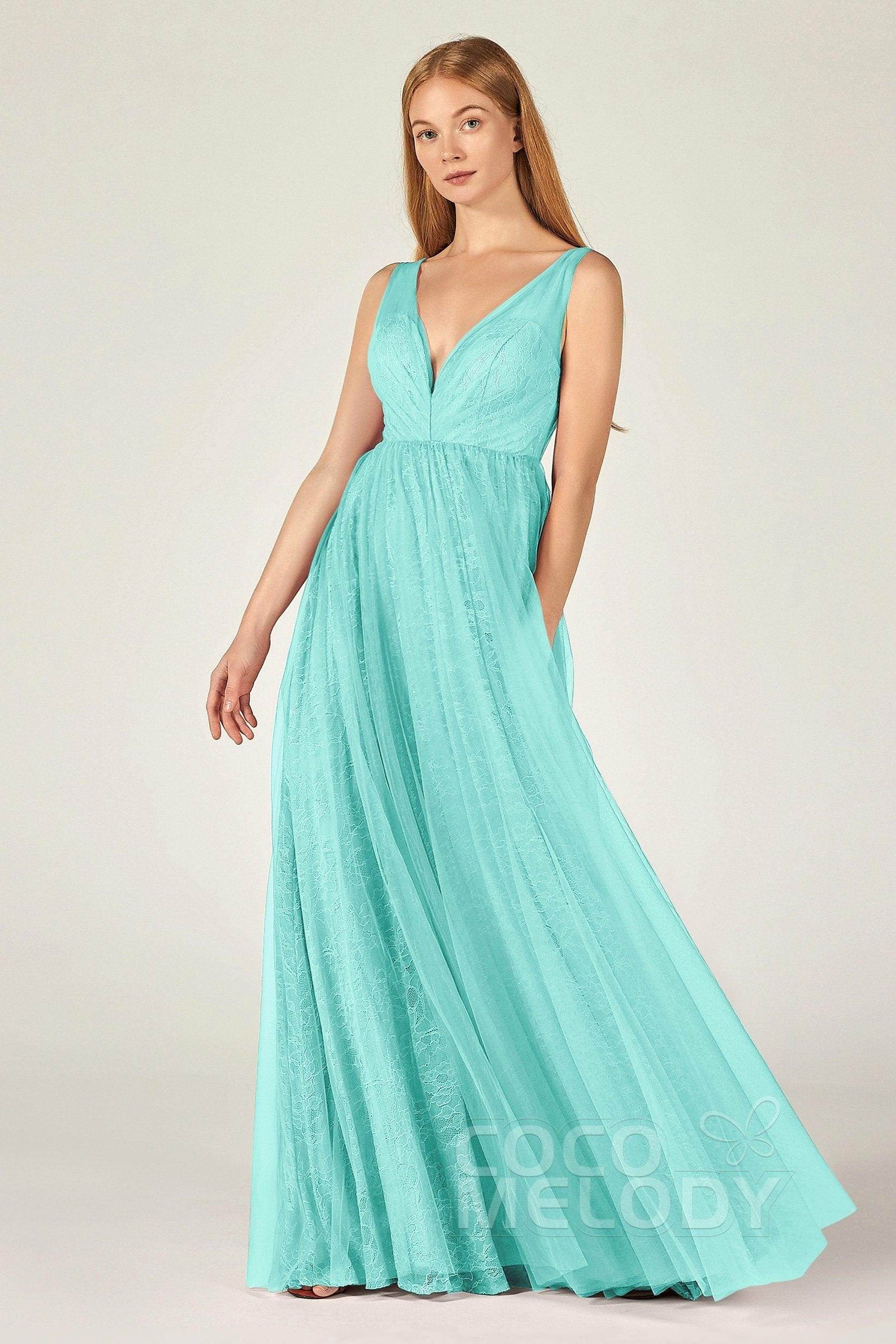 A-Line Floor Length Tulle Lace Bridesmaid Dress CB0375 - COCOMELODY