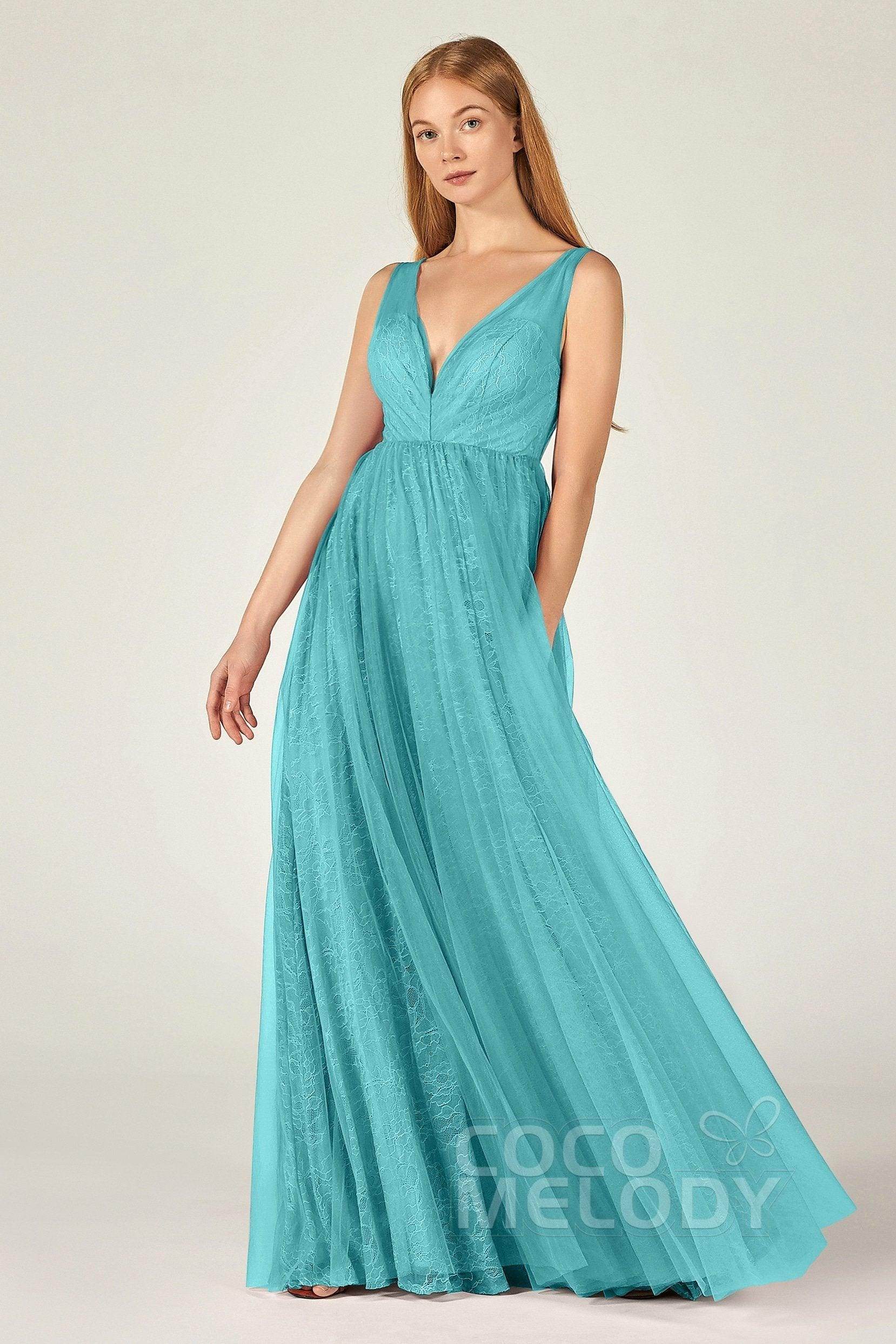 A-Line Floor Length Tulle Lace Bridesmaid Dress CB0375 - COCOMELODY