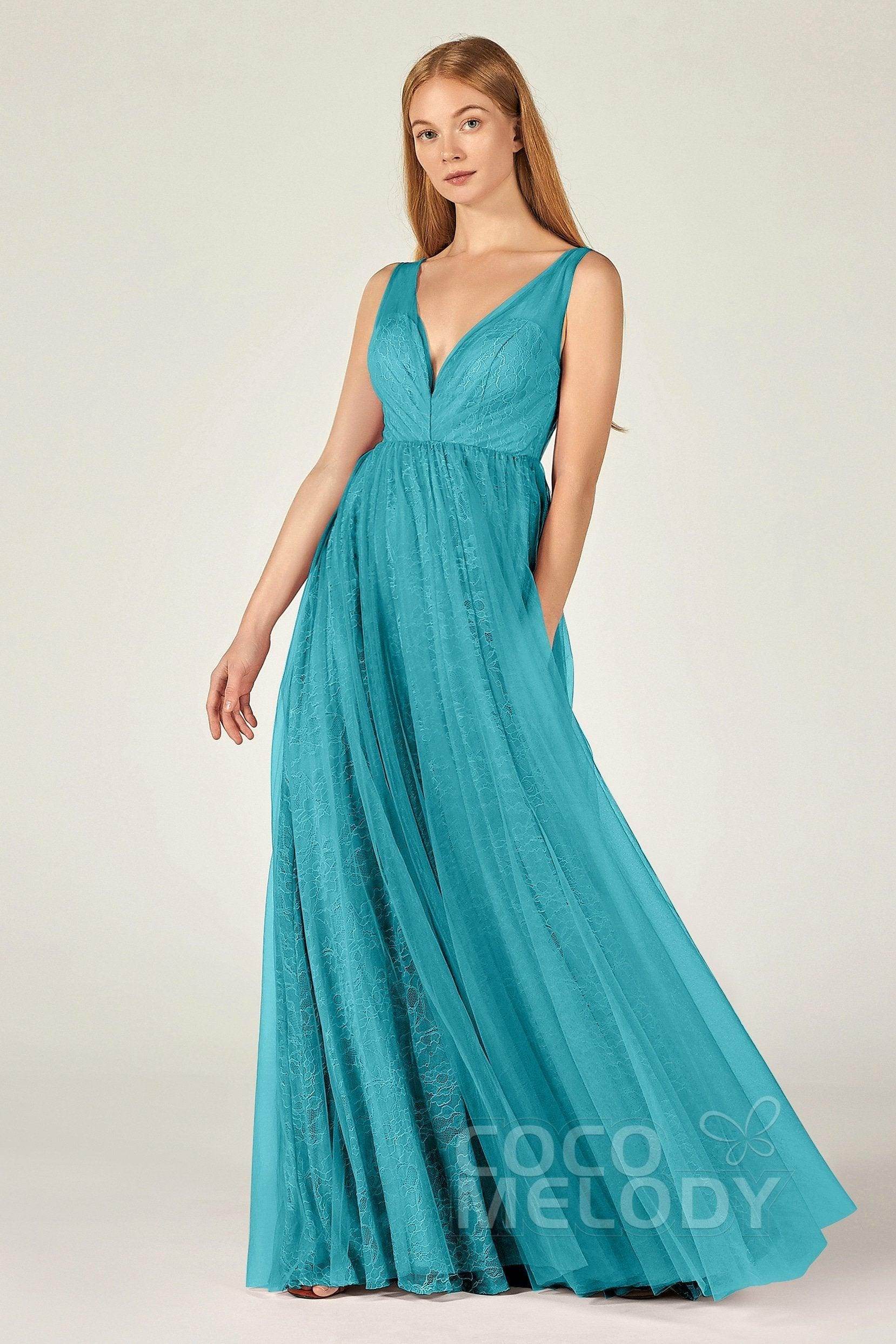 A-Line Floor Length Tulle Lace Bridesmaid Dress CB0375 - COCOMELODY