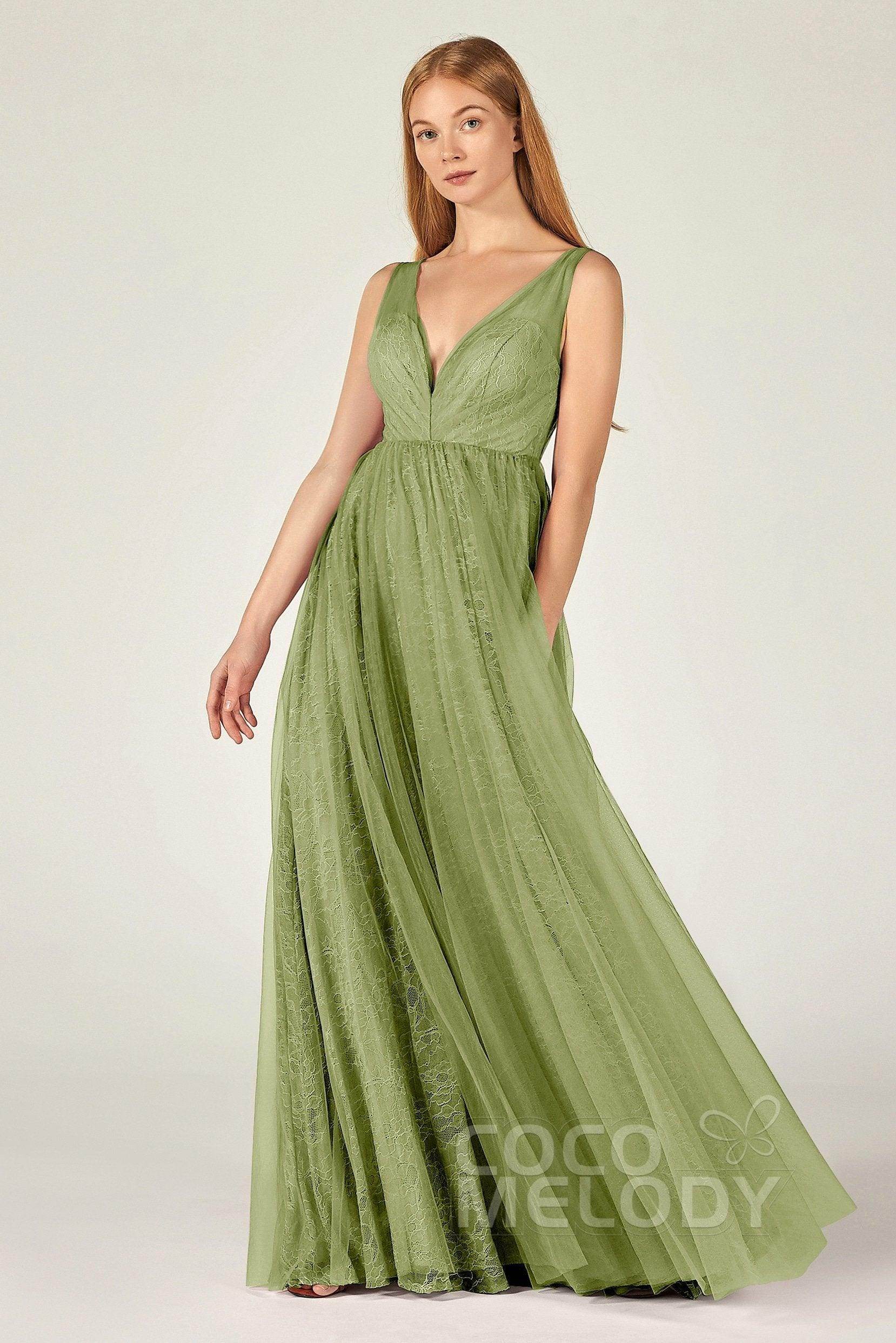 A-Line Floor Length Tulle Lace Bridesmaid Dress CB0375 - COCOMELODY