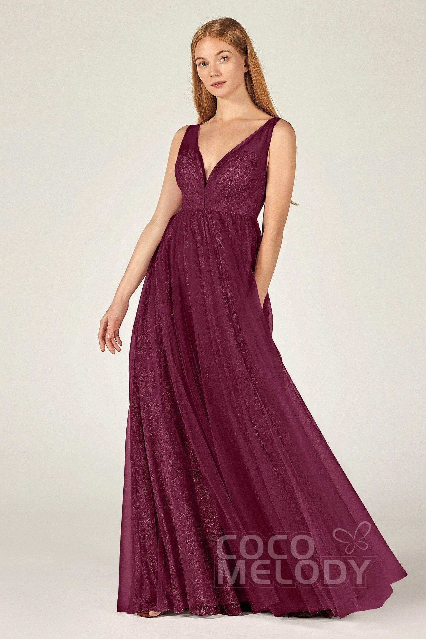 A-Line Floor Length Tulle Lace Bridesmaid Dress CB0375 - COCOMELODY