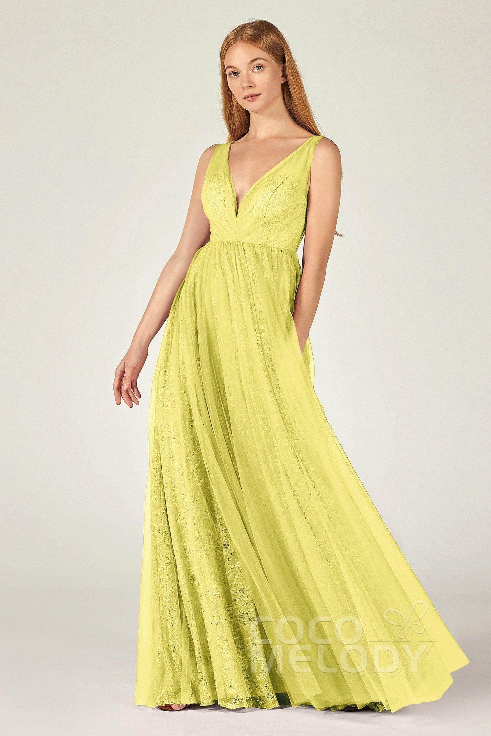 A-Line Floor Length Tulle Lace Bridesmaid Dress CB0375 - COCOMELODY