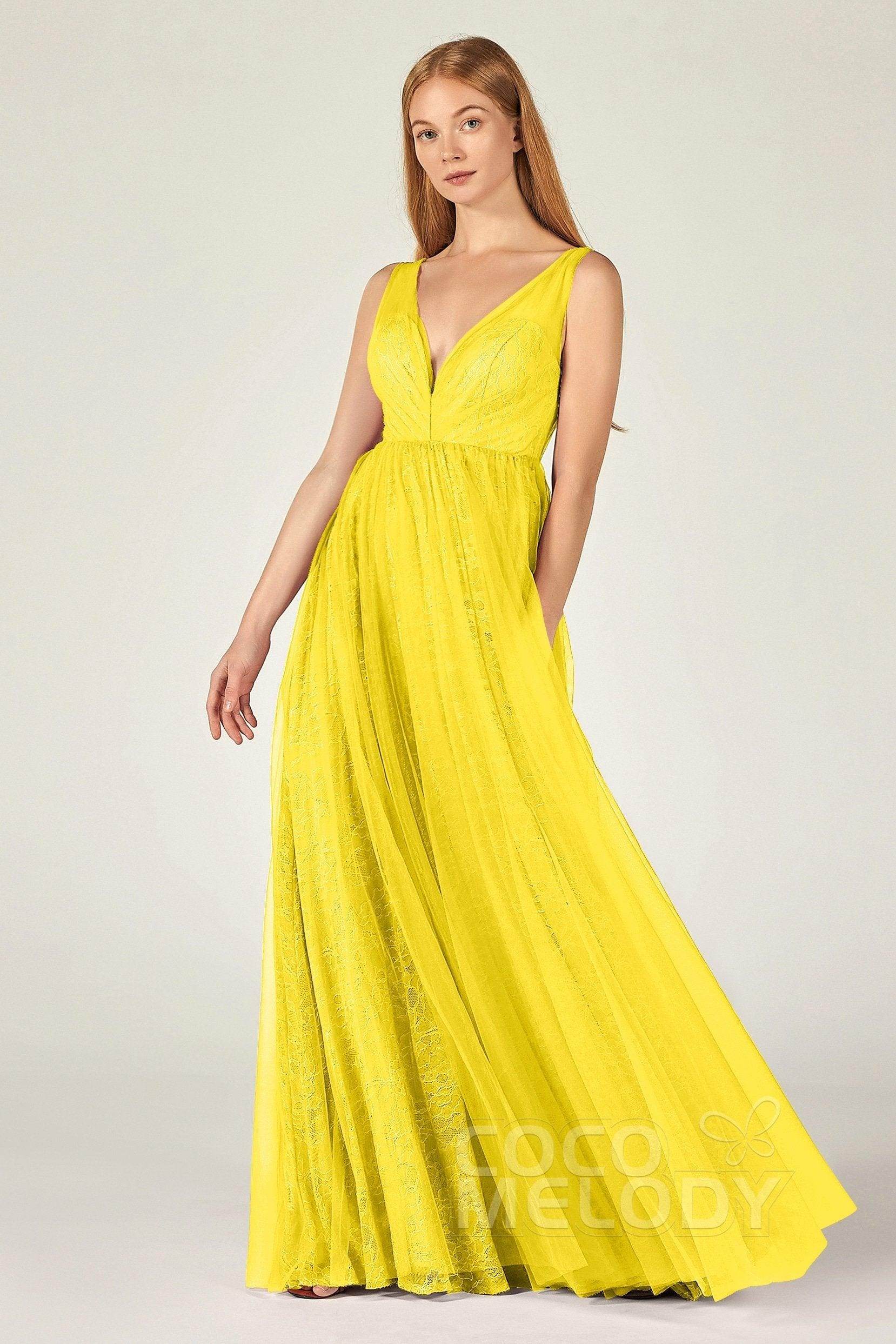 A-Line Floor Length Tulle Lace Bridesmaid Dress CB0375 - COCOMELODY