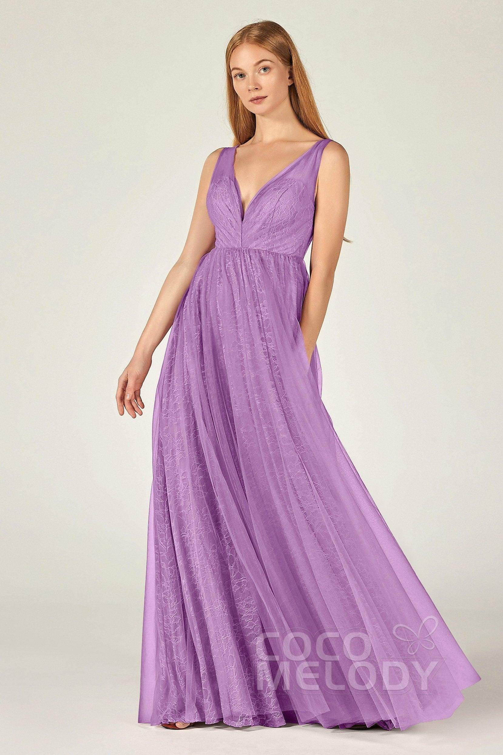 A-Line Floor Length Tulle Lace Bridesmaid Dress CB0375 - COCOMELODY