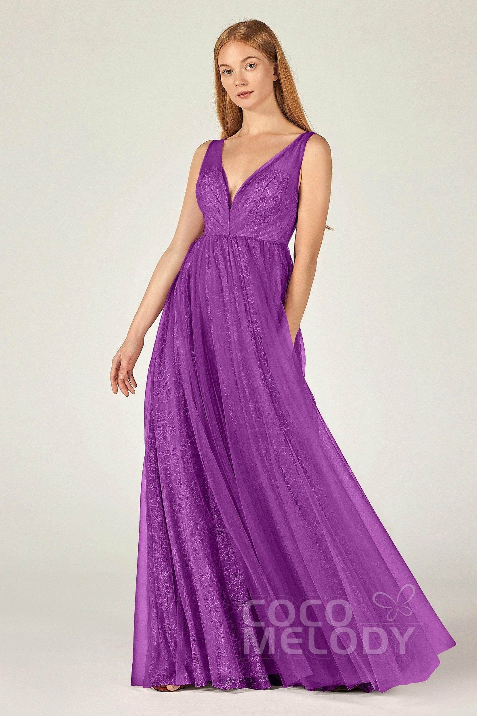 A-Line Floor Length Tulle Lace Bridesmaid Dress CB0375 - COCOMELODY