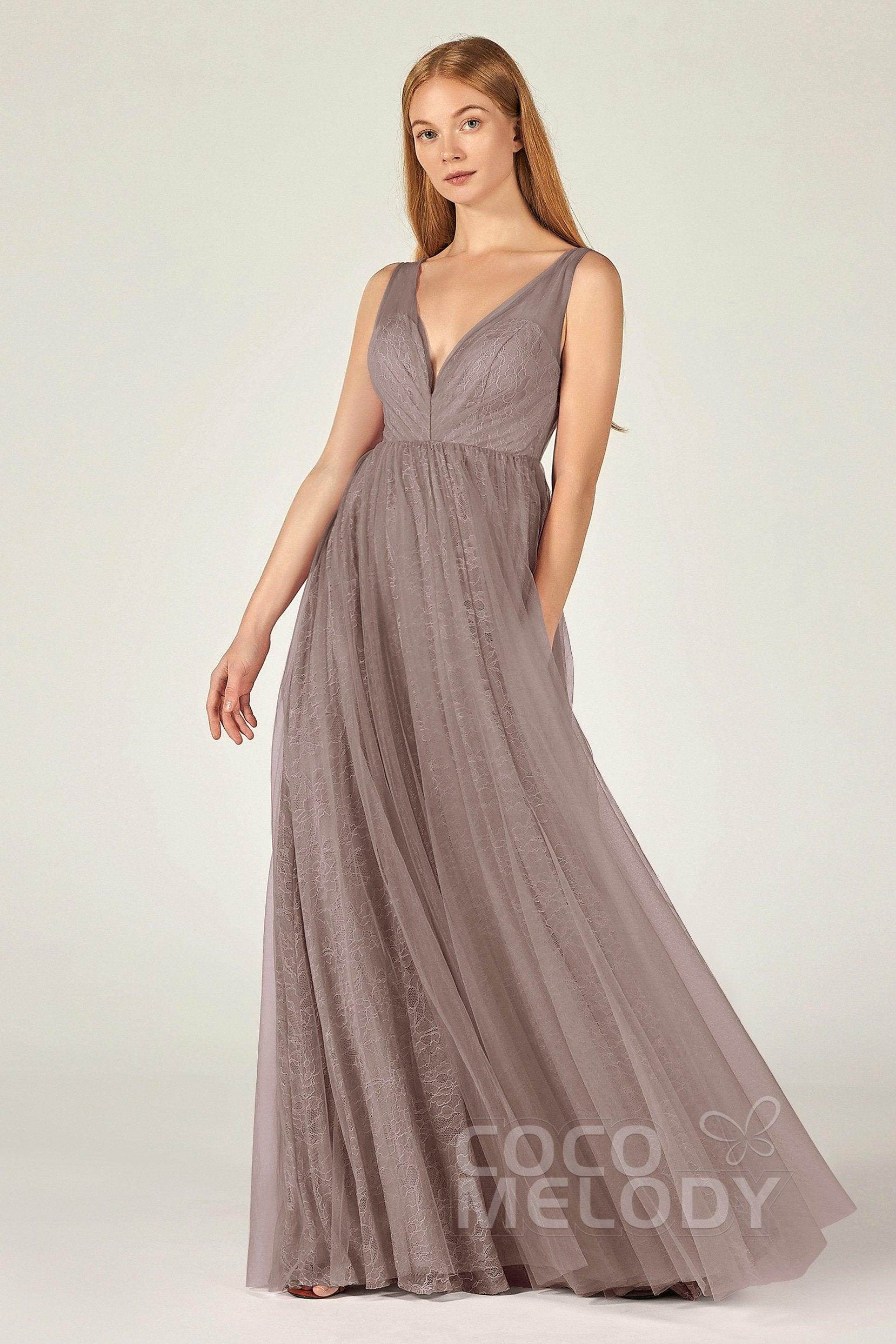 A-Line Floor Length Tulle Lace Bridesmaid Dress CB0375 - COCOMELODY