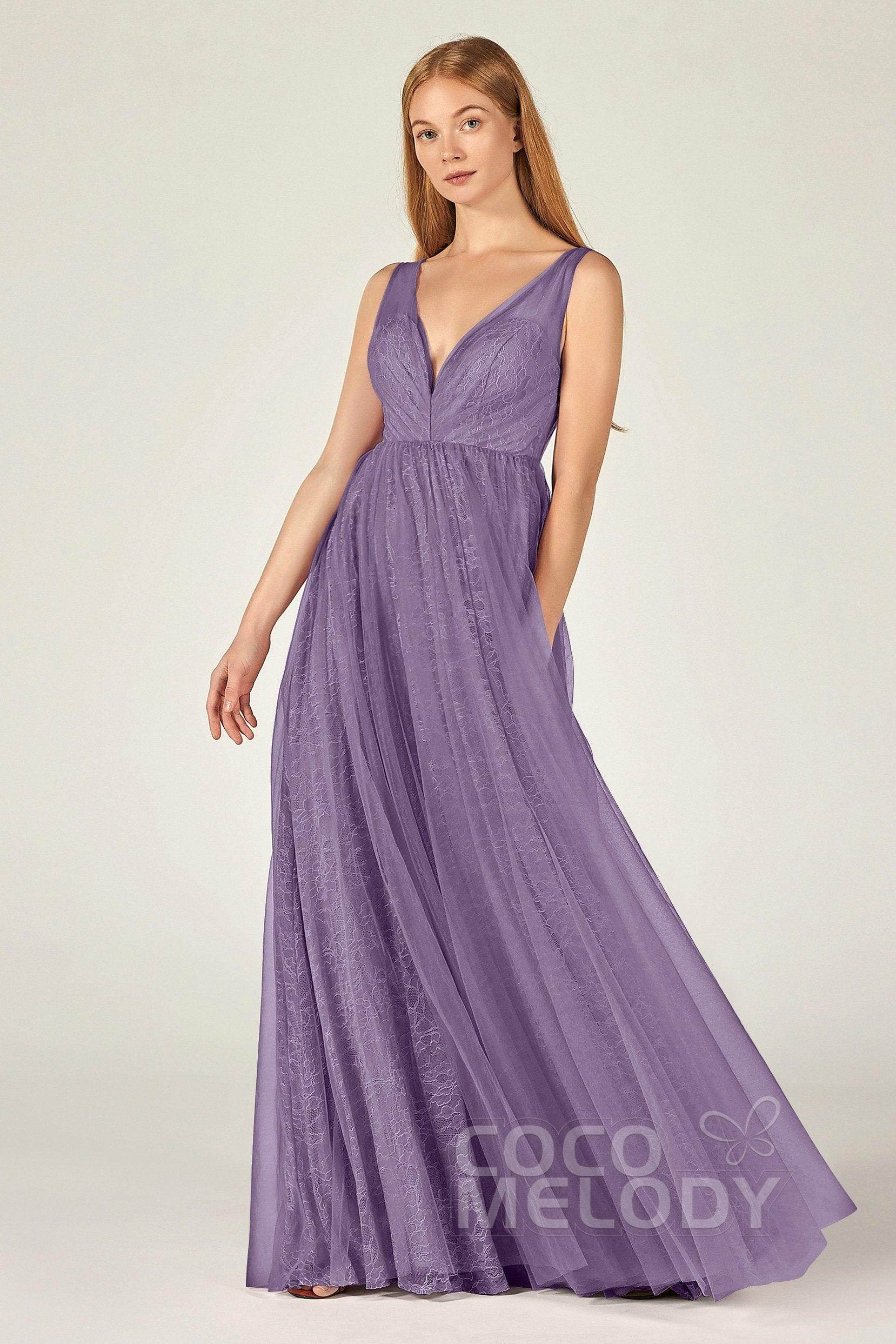 A-Line Floor Length Tulle Lace Bridesmaid Dress CB0375 - COCOMELODY
