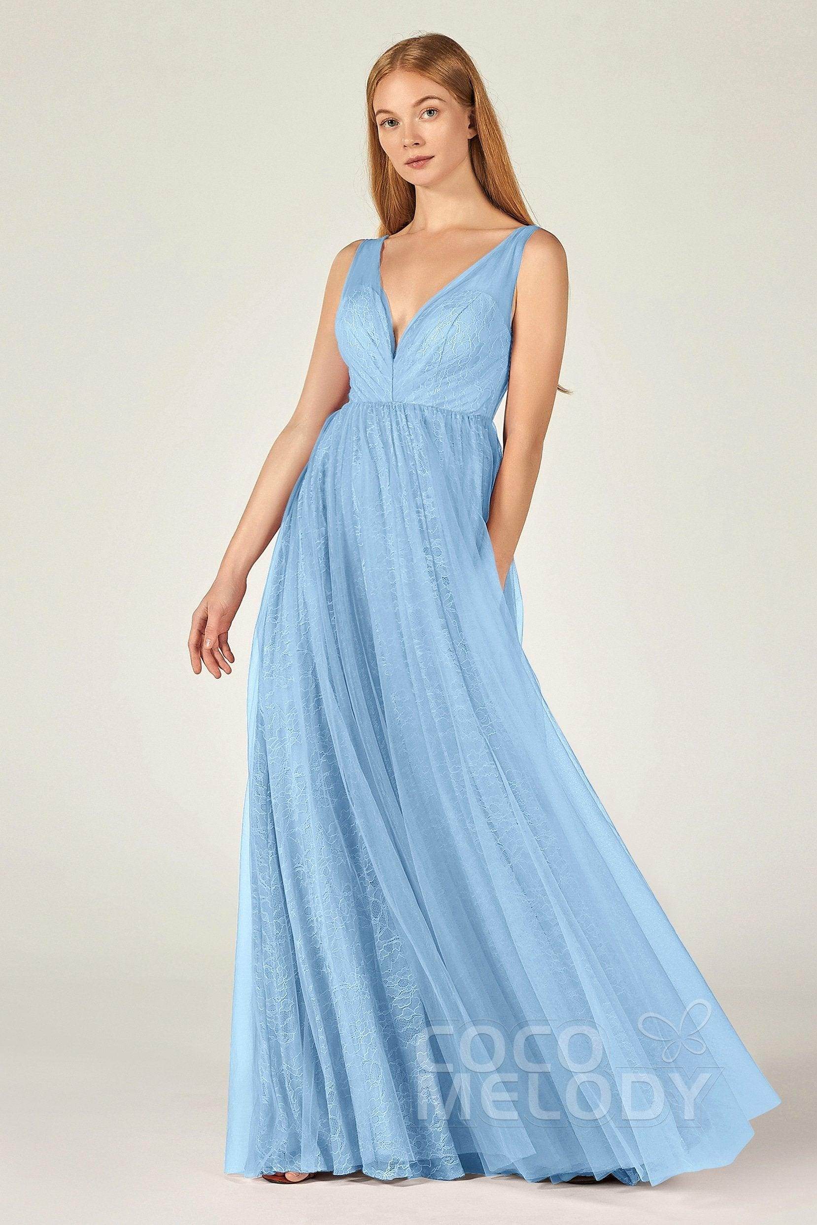 A-Line Floor Length Tulle Lace Bridesmaid Dress CB0375 - COCOMELODY