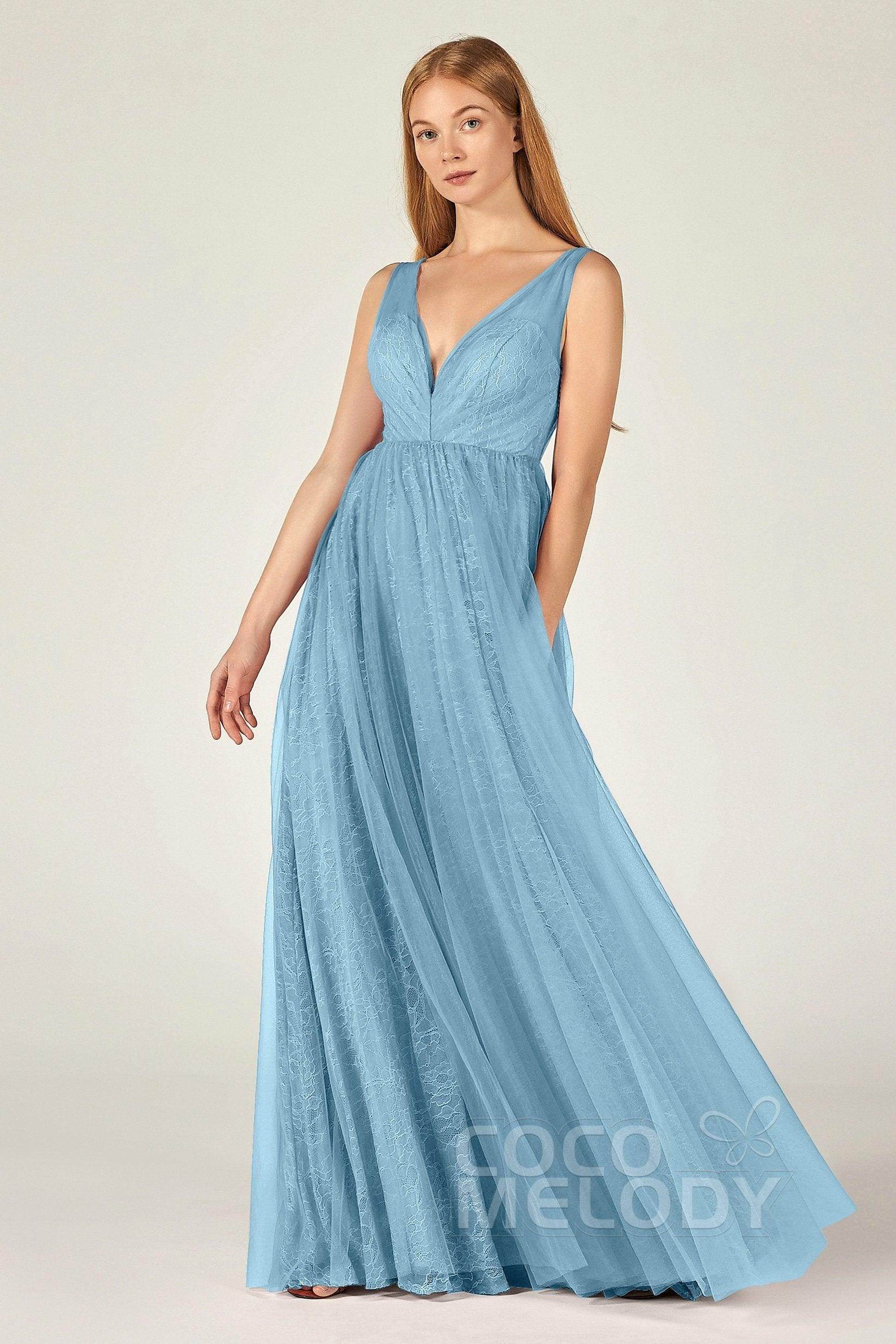A-Line Floor Length Tulle Lace Bridesmaid Dress CB0375 - COCOMELODY