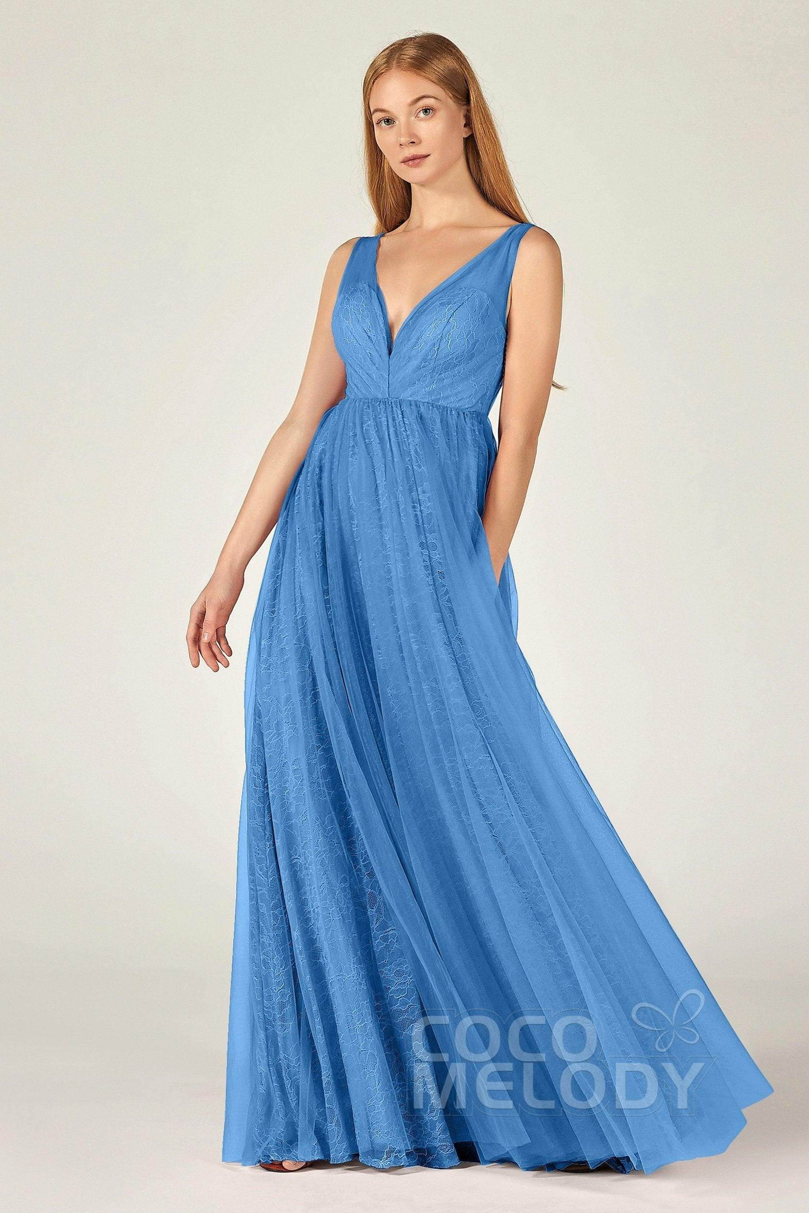 A-Line Floor Length Tulle Lace Bridesmaid Dress CB0375 - COCOMELODY