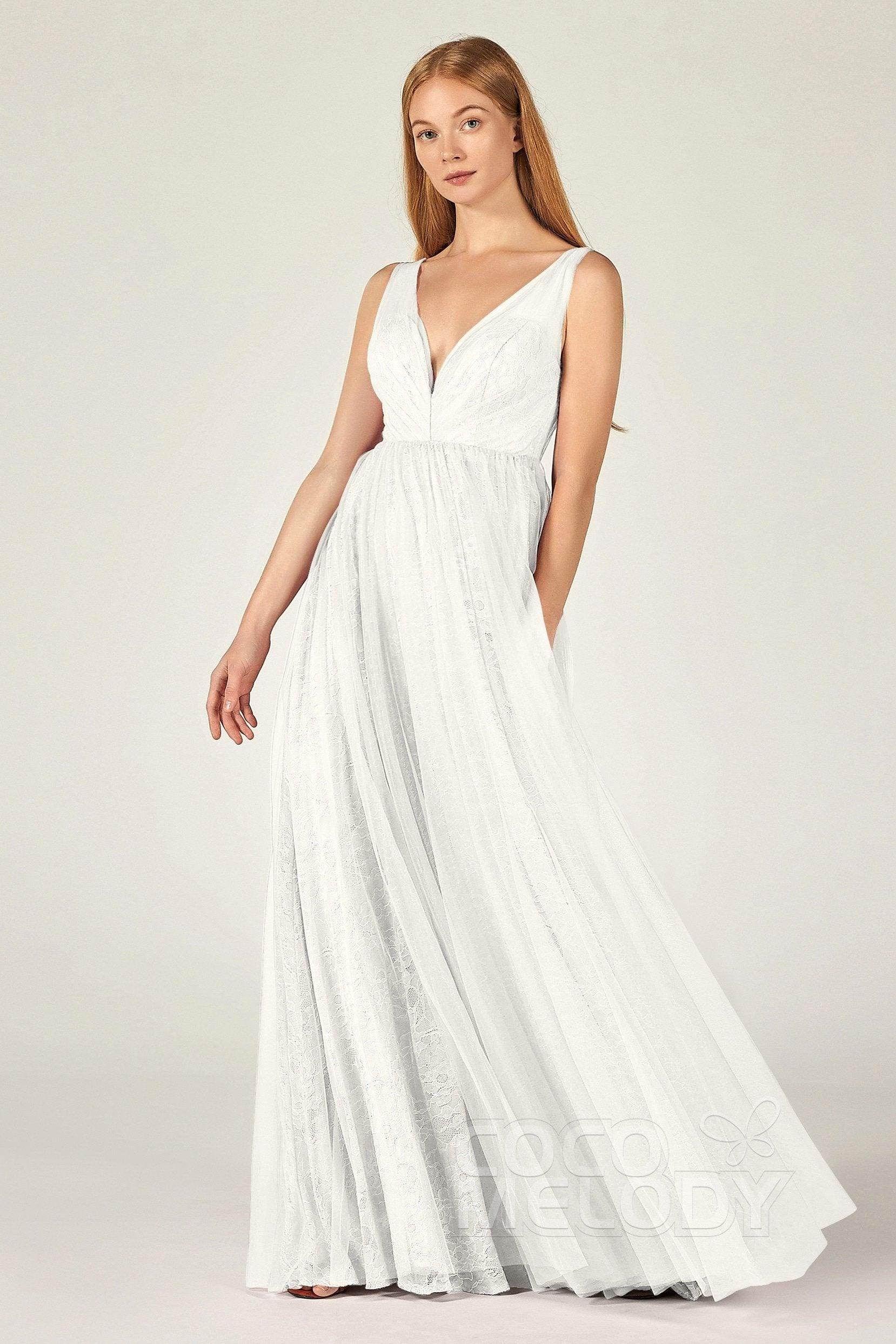 A-Line Floor Length Tulle Lace Bridesmaid Dress CB0375 - COCOMELODY