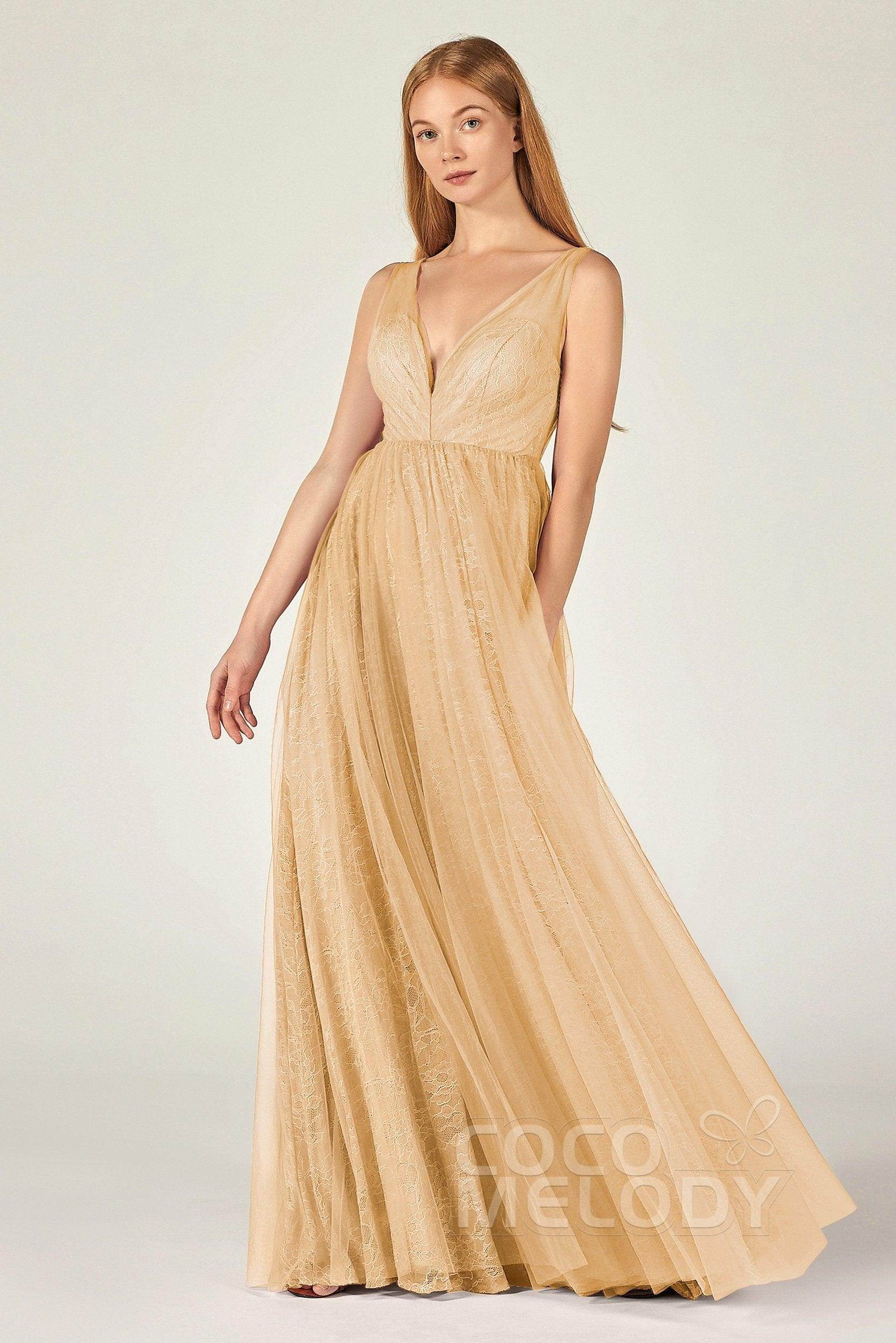 A-Line Floor Length Tulle Lace Bridesmaid Dress CB0375 - COCOMELODY