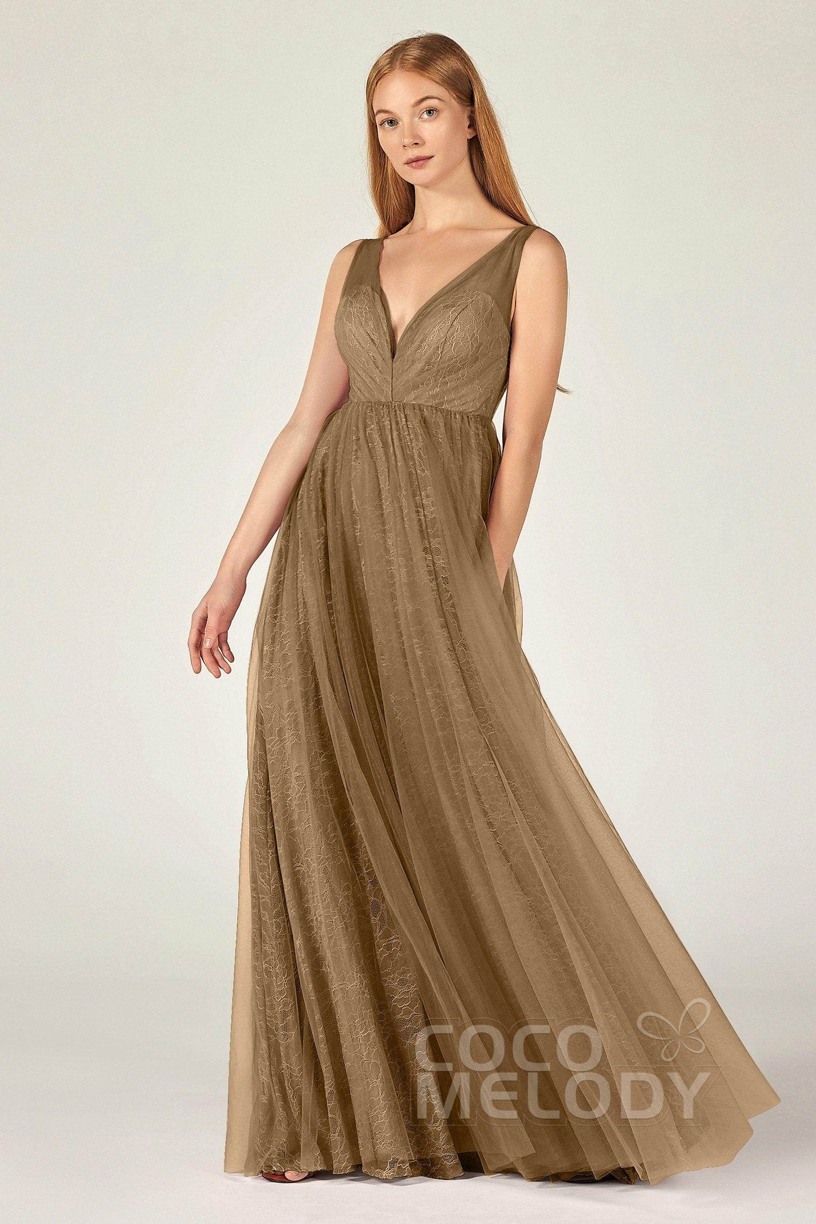 A-Line Floor Length Tulle Lace Bridesmaid Dress CB0375 - COCOMELODY