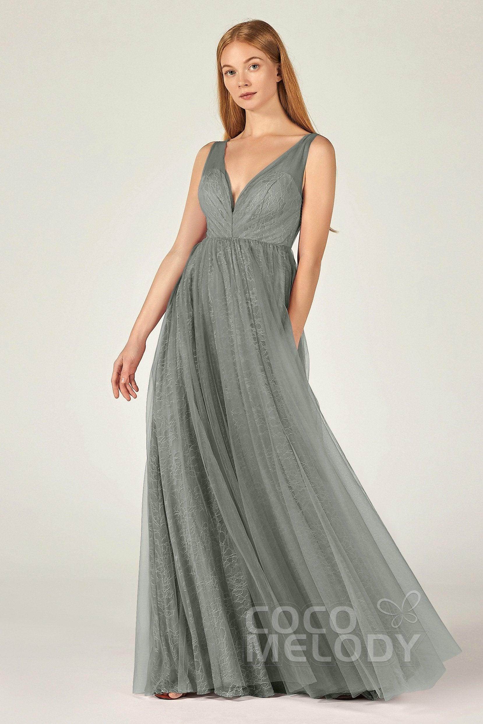 A-Line Floor Length Tulle Lace Bridesmaid Dress CB0375 - COCOMELODY
