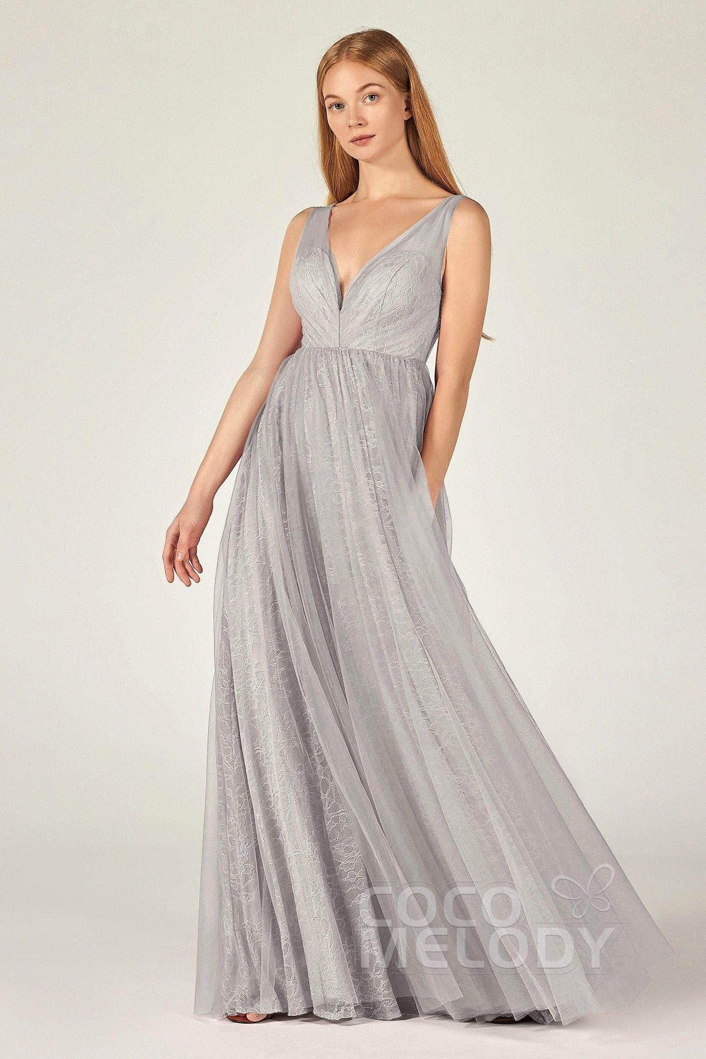A-Line Floor Length Tulle Lace Bridesmaid Dress CB0375 - COCOMELODY