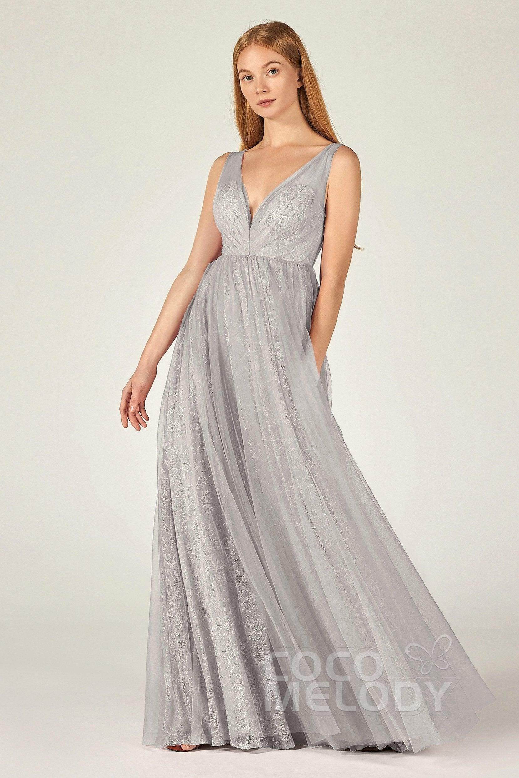 A-Line Floor Length Tulle Lace Bridesmaid Dress CB0375 - COCOMELODY