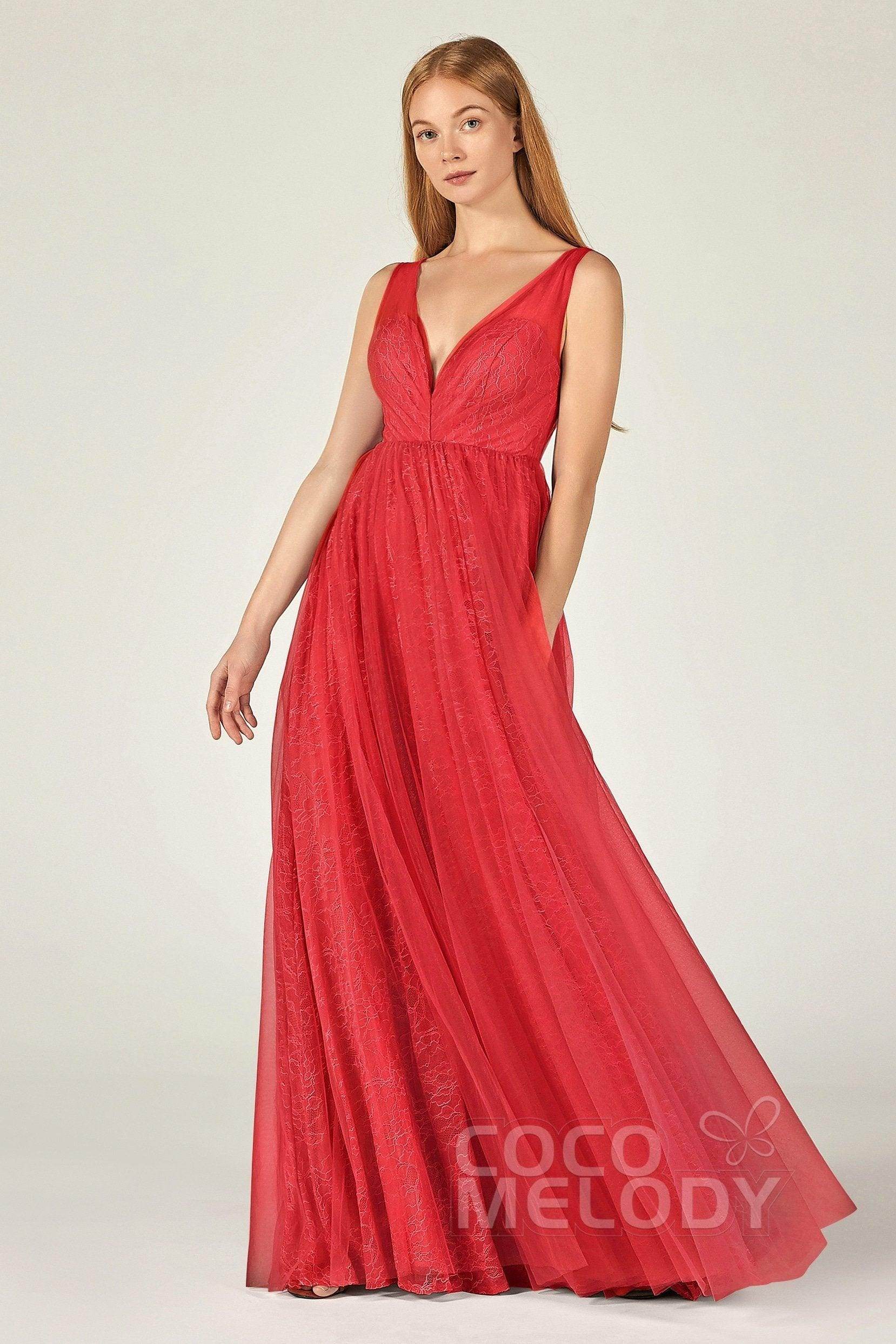 A-Line Floor Length Tulle Lace Bridesmaid Dress CB0375 - COCOMELODY