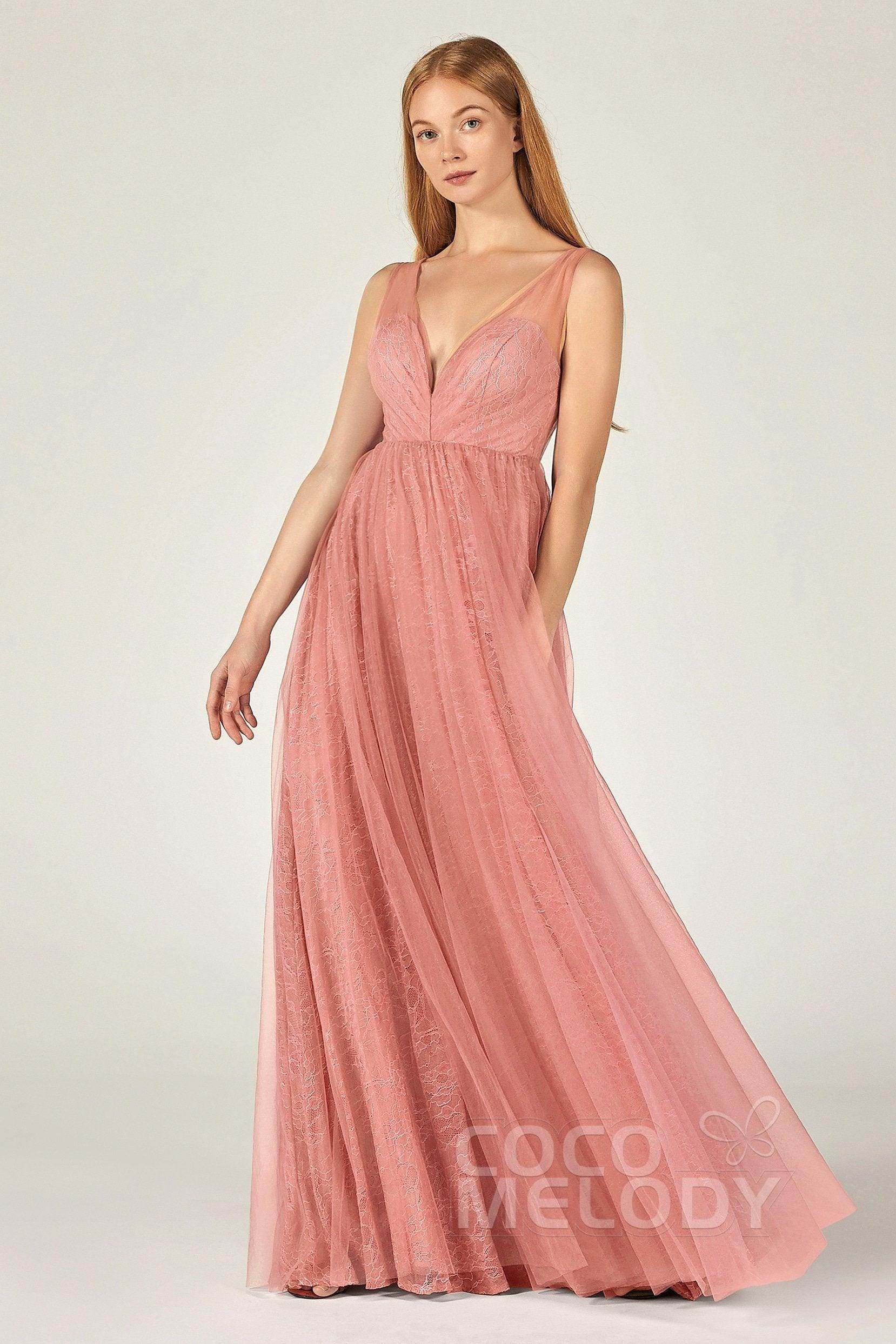 A-Line Floor Length Tulle Lace Bridesmaid Dress CB0375 - COCOMELODY