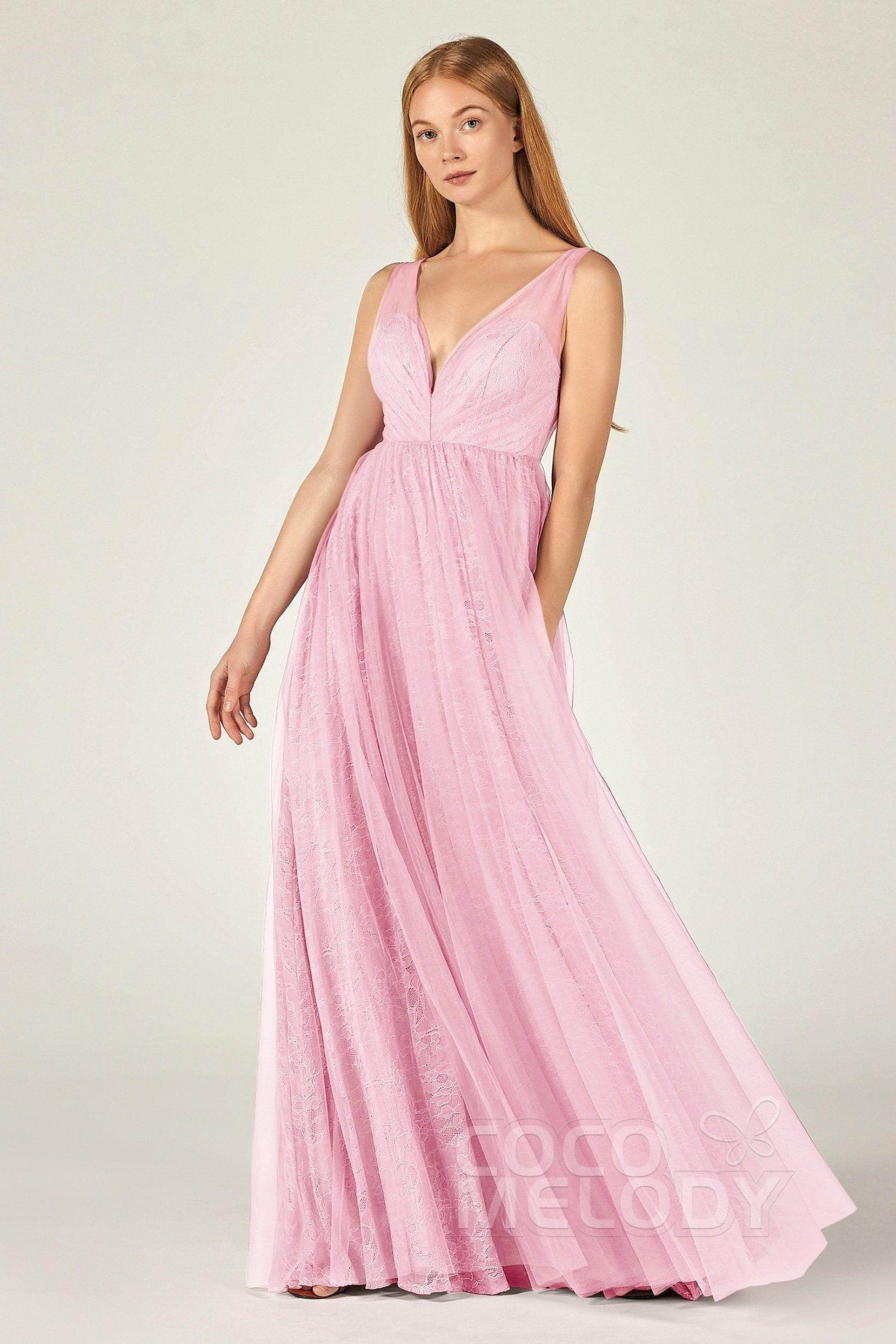 A-Line Floor Length Tulle Lace Bridesmaid Dress CB0375 - COCOMELODY