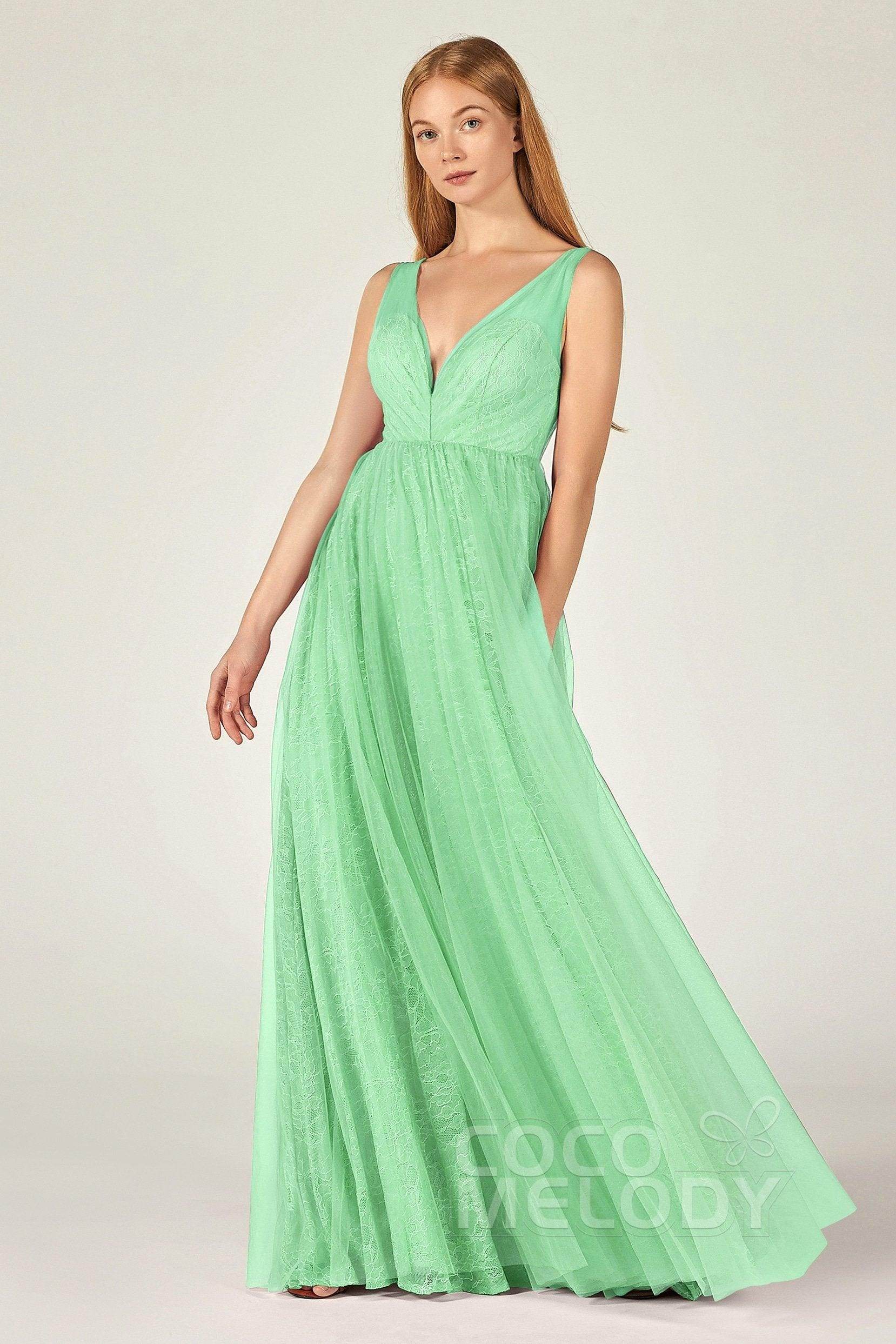 A-Line Floor Length Tulle Lace Bridesmaid Dress CB0375 - COCOMELODY