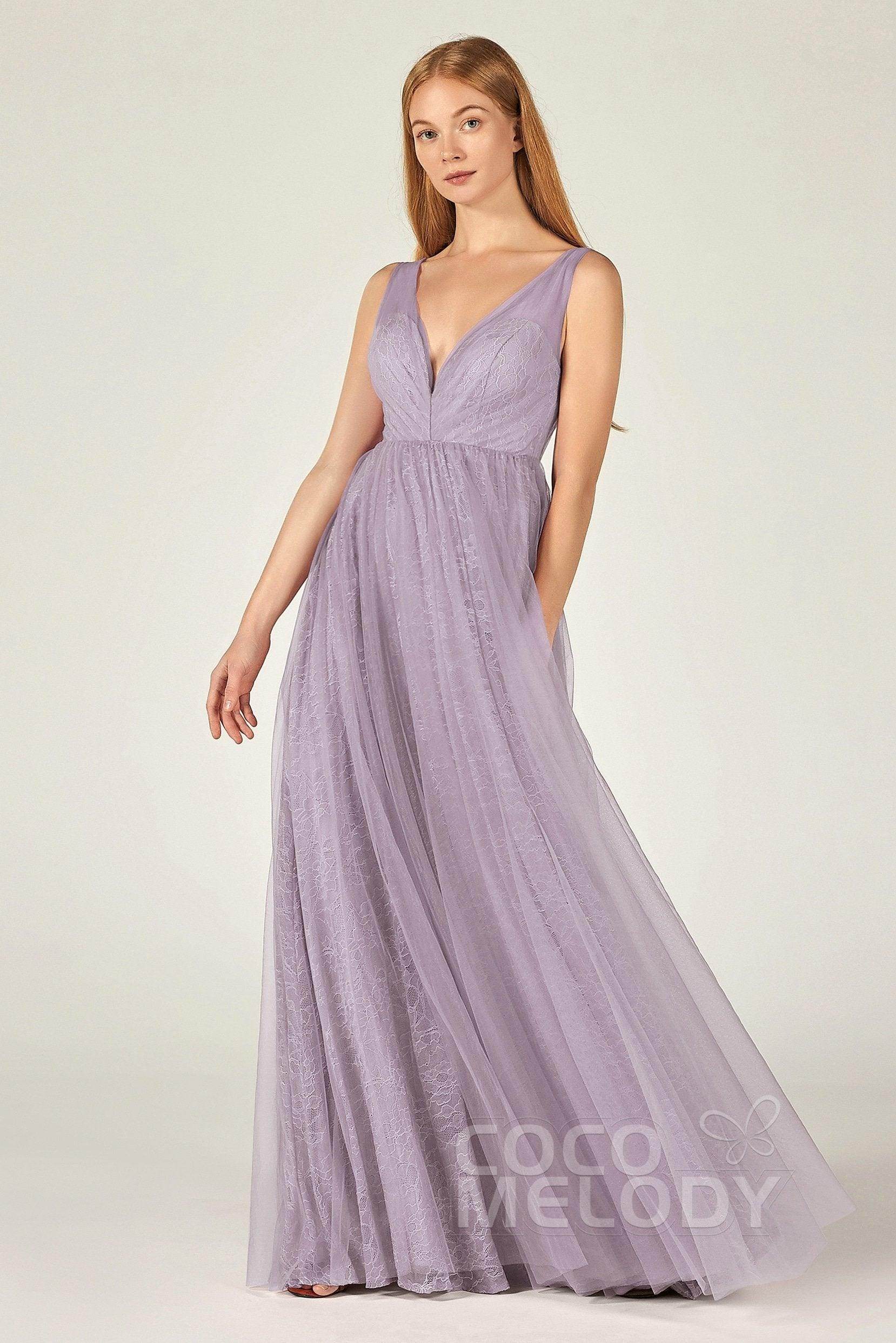 A-Line Floor Length Tulle Lace Bridesmaid Dress CB0375 - COCOMELODY