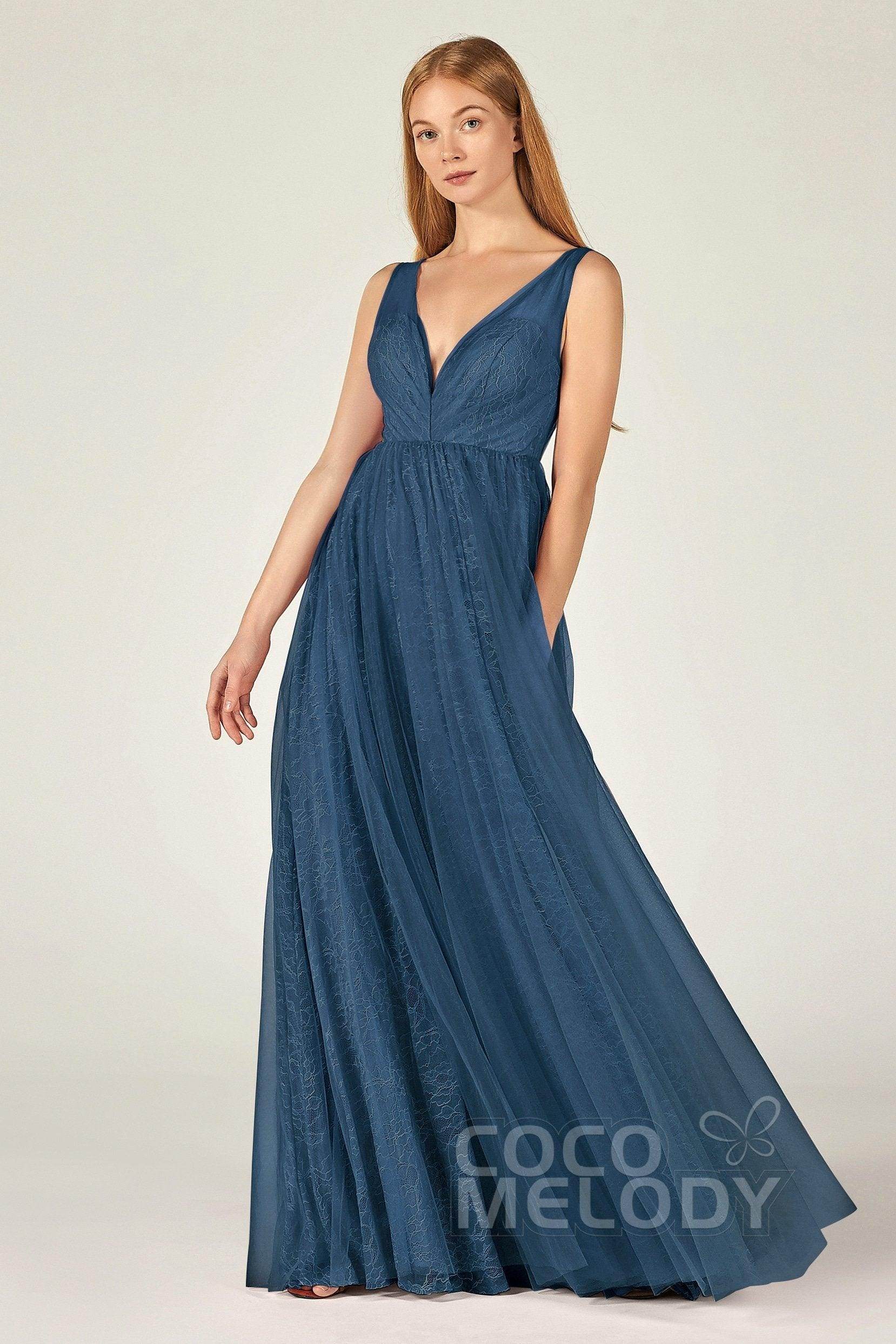 A-Line Floor Length Tulle Lace Bridesmaid Dress CB0375 - COCOMELODY