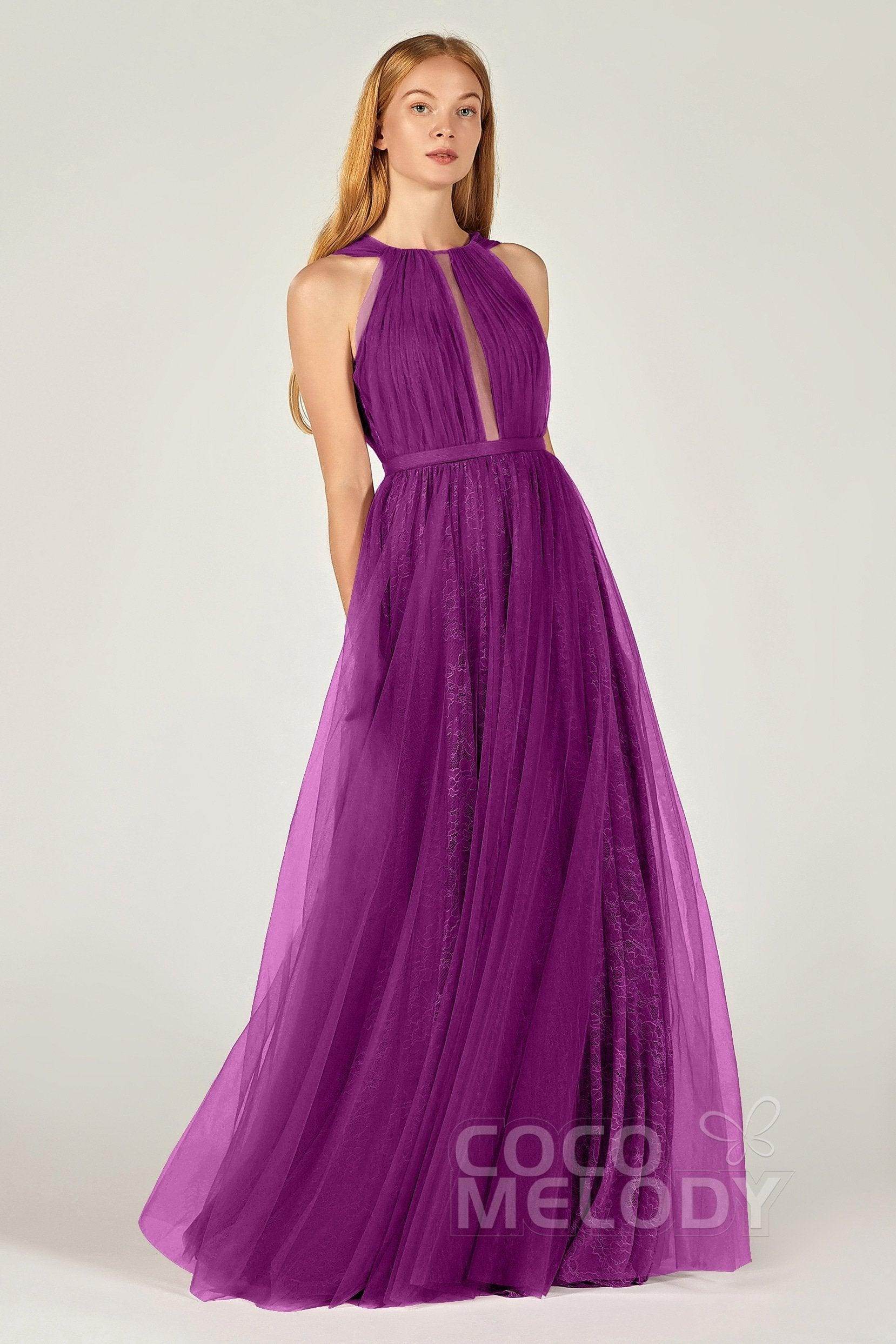 A-Line Floor Length Tulle/Lace Bridesmaid Dress CB0376 - COCOMELODY