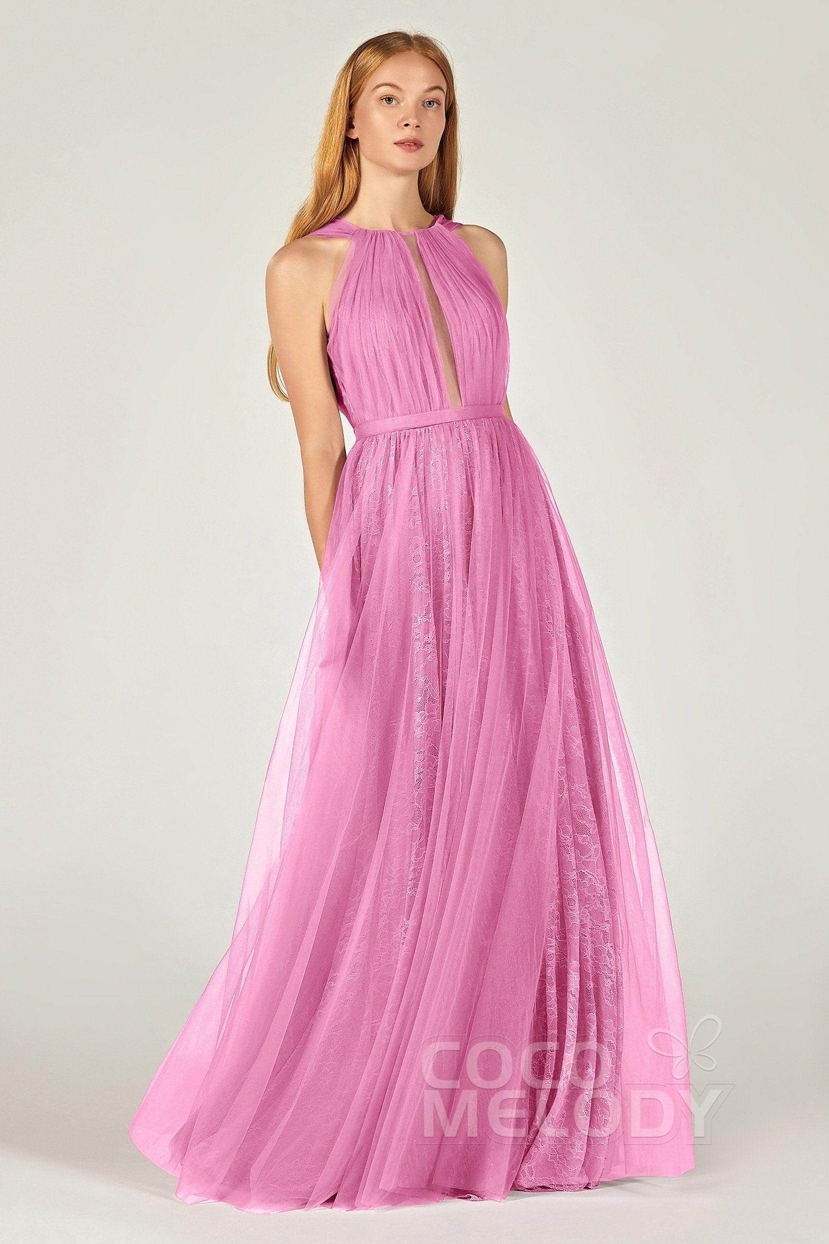 A-Line Floor Length Tulle/Lace Bridesmaid Dress CB0376 - COCOMELODY
