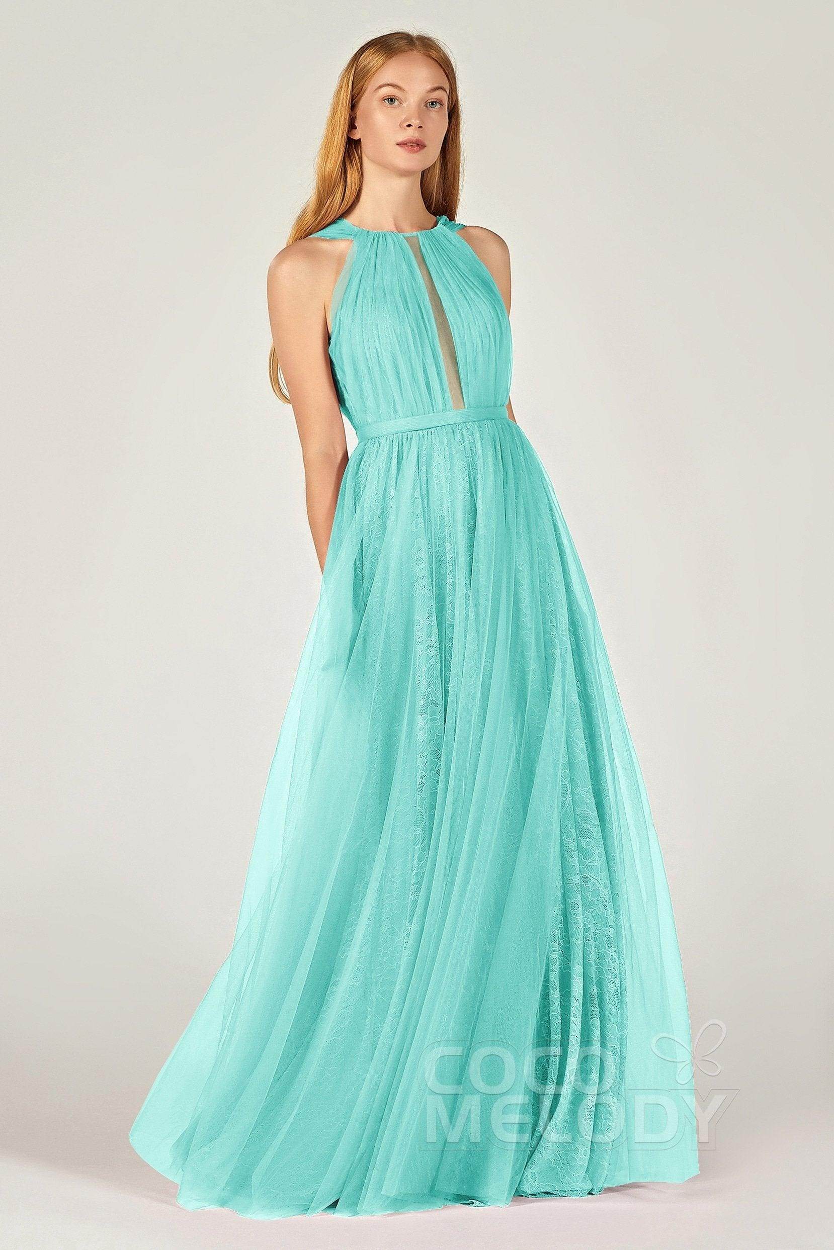 A-Line Floor Length Tulle/Lace Bridesmaid Dress CB0376 - COCOMELODY