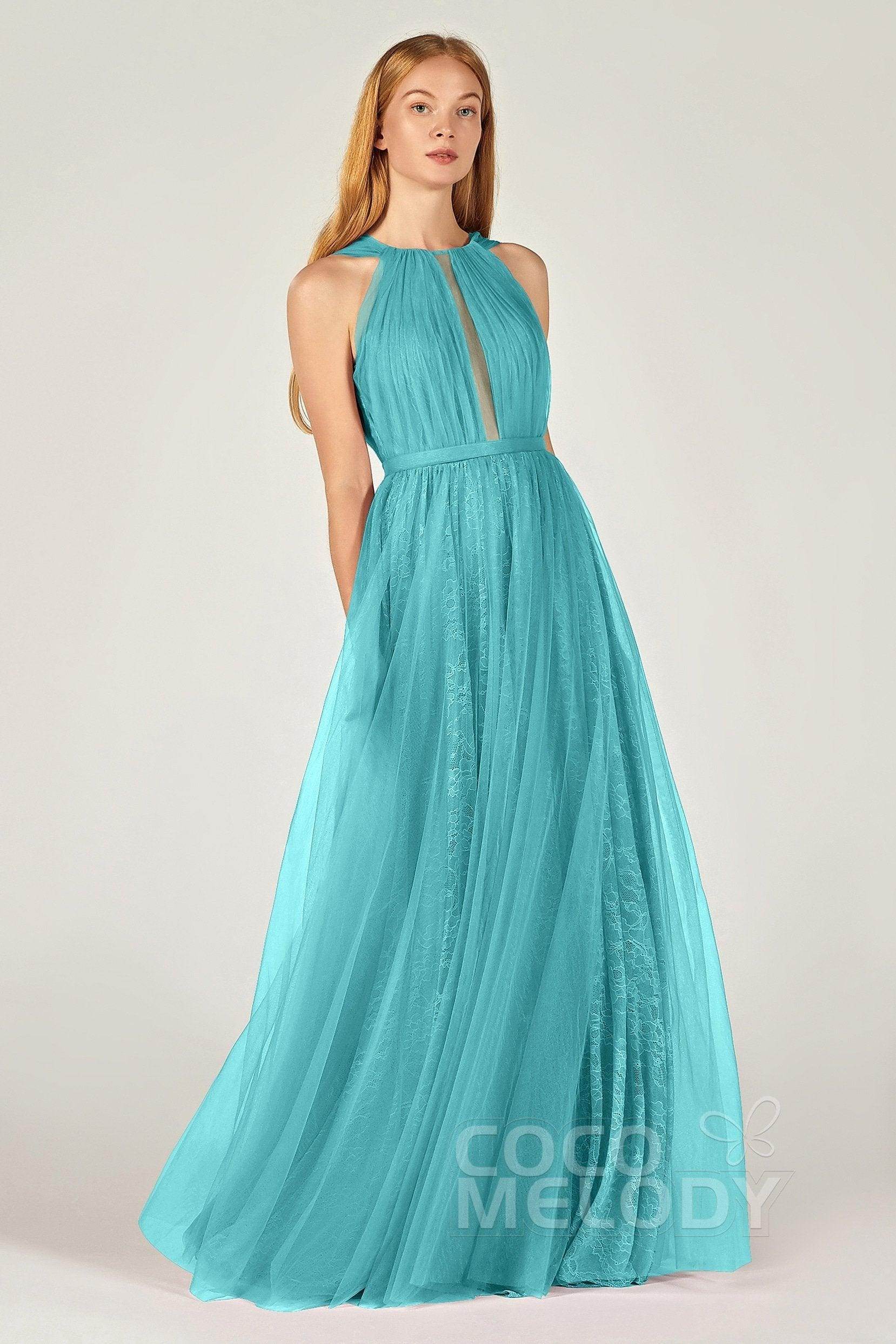 A-Line Floor Length Tulle/Lace Bridesmaid Dress CB0376 - COCOMELODY