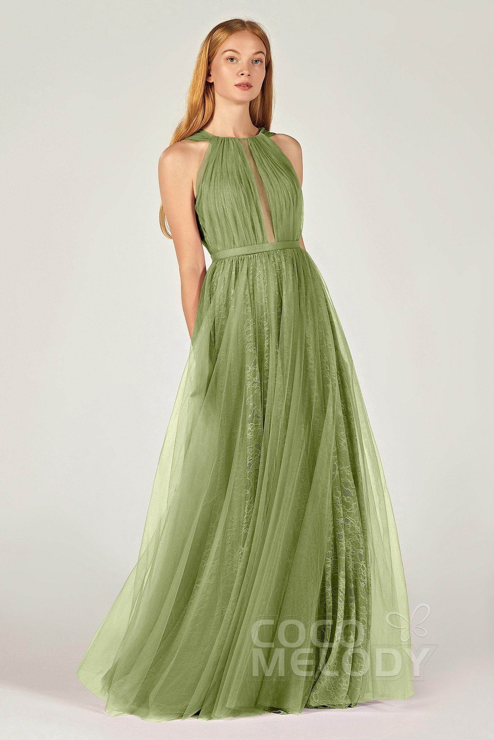 A-Line Floor Length Tulle/Lace Bridesmaid Dress CB0376 - COCOMELODY