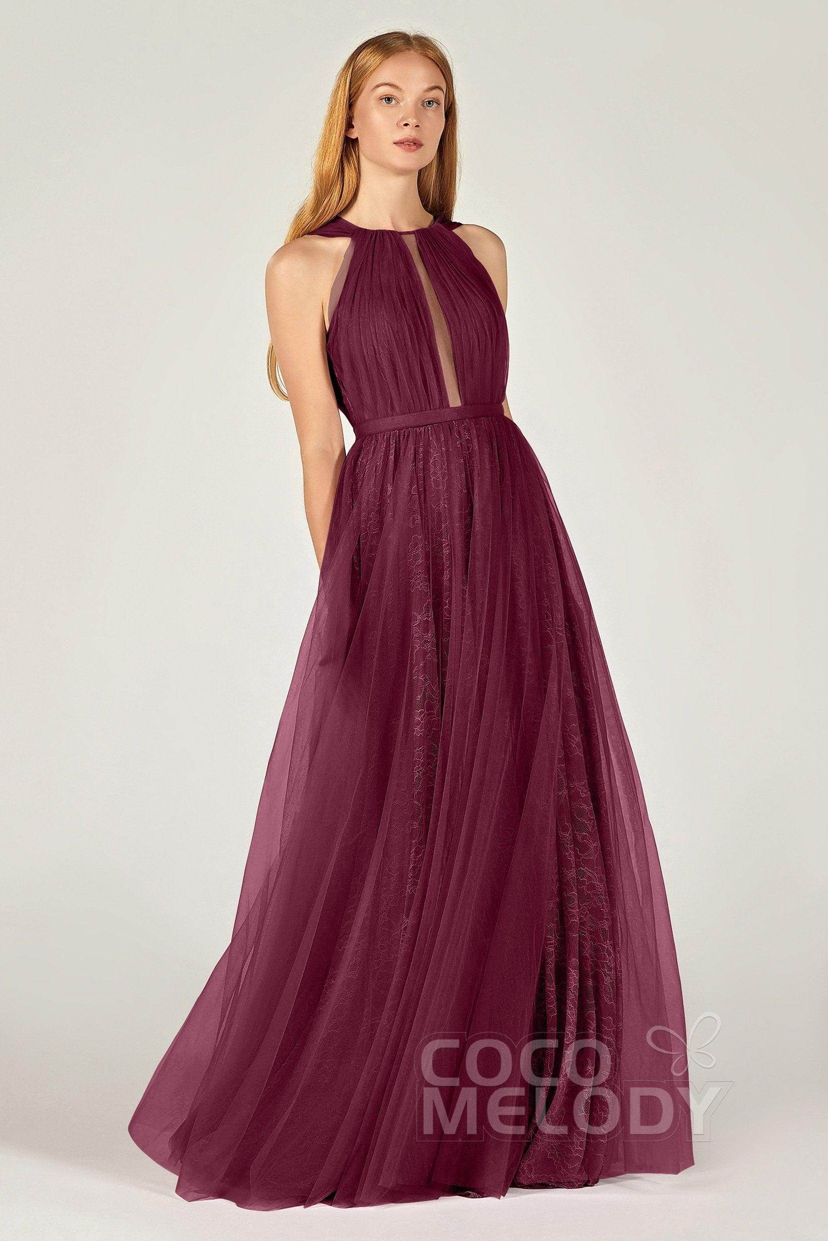 A-Line Floor Length Tulle/Lace Bridesmaid Dress CB0376 - COCOMELODY
