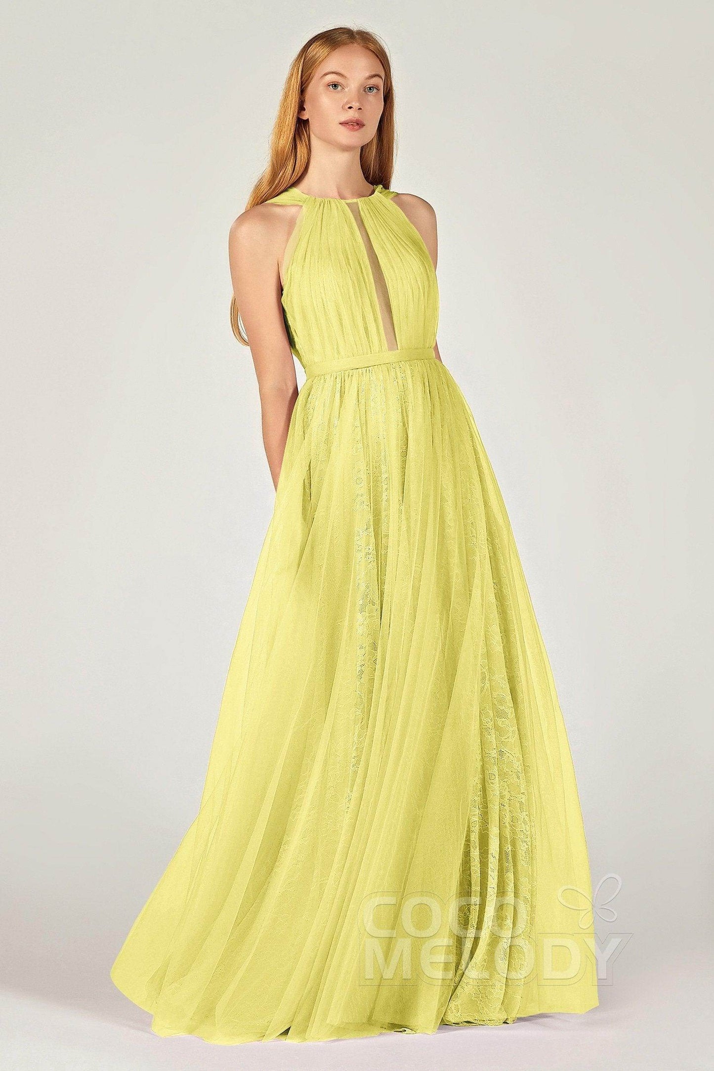 A-Line Floor Length Tulle/Lace Bridesmaid Dress CB0376 - COCOMELODY